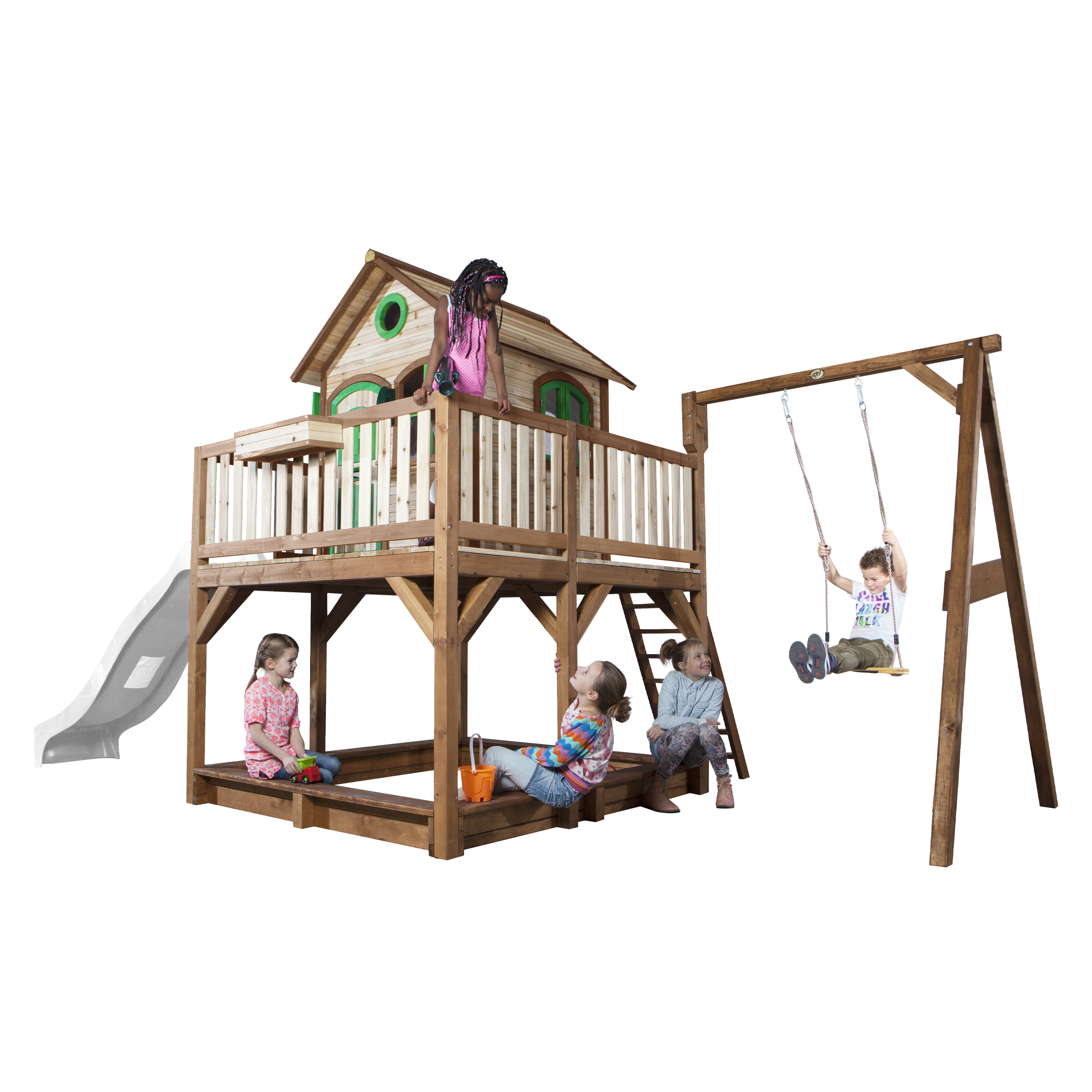 Liam Playhouse with Single Swing Brown/Green - White Slide