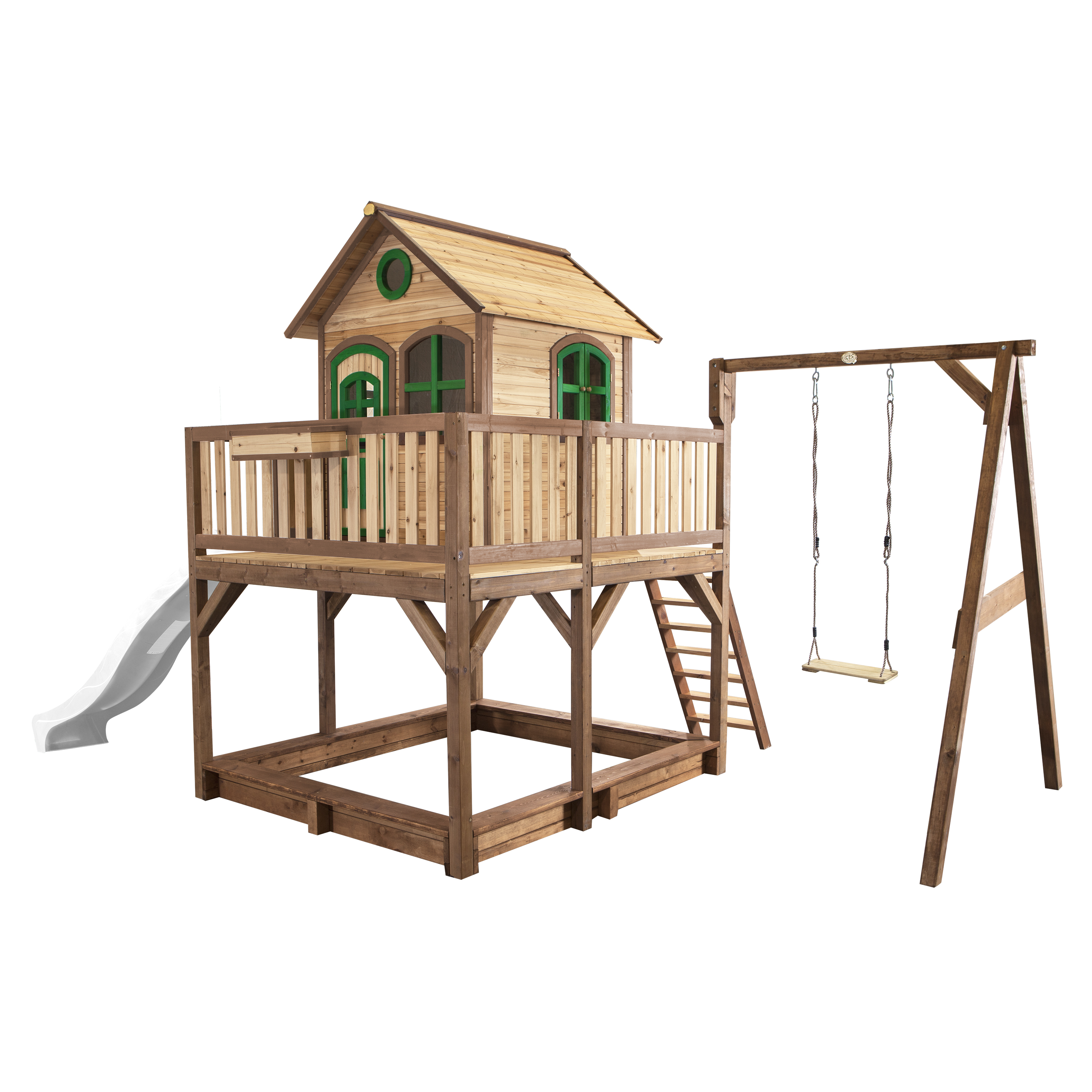 Liam Playhouse with Single Swing Brown/Green - White Slide