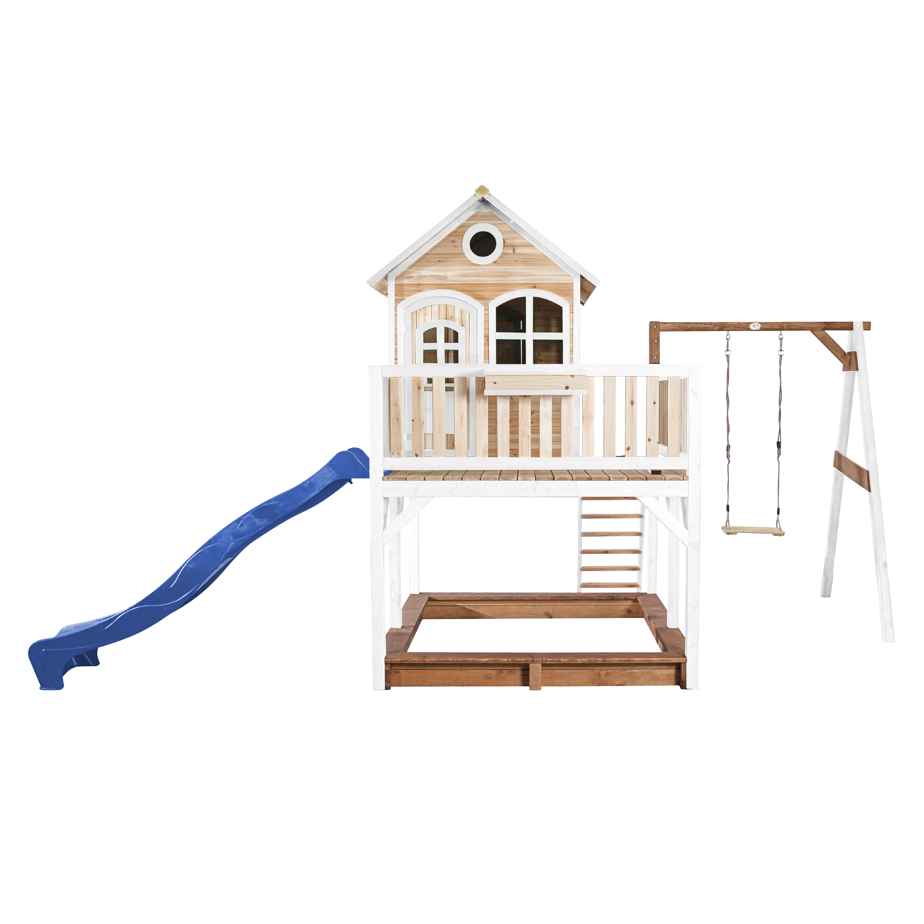 Liam Playhouse with Single Swing Brown/White - Blue Slide