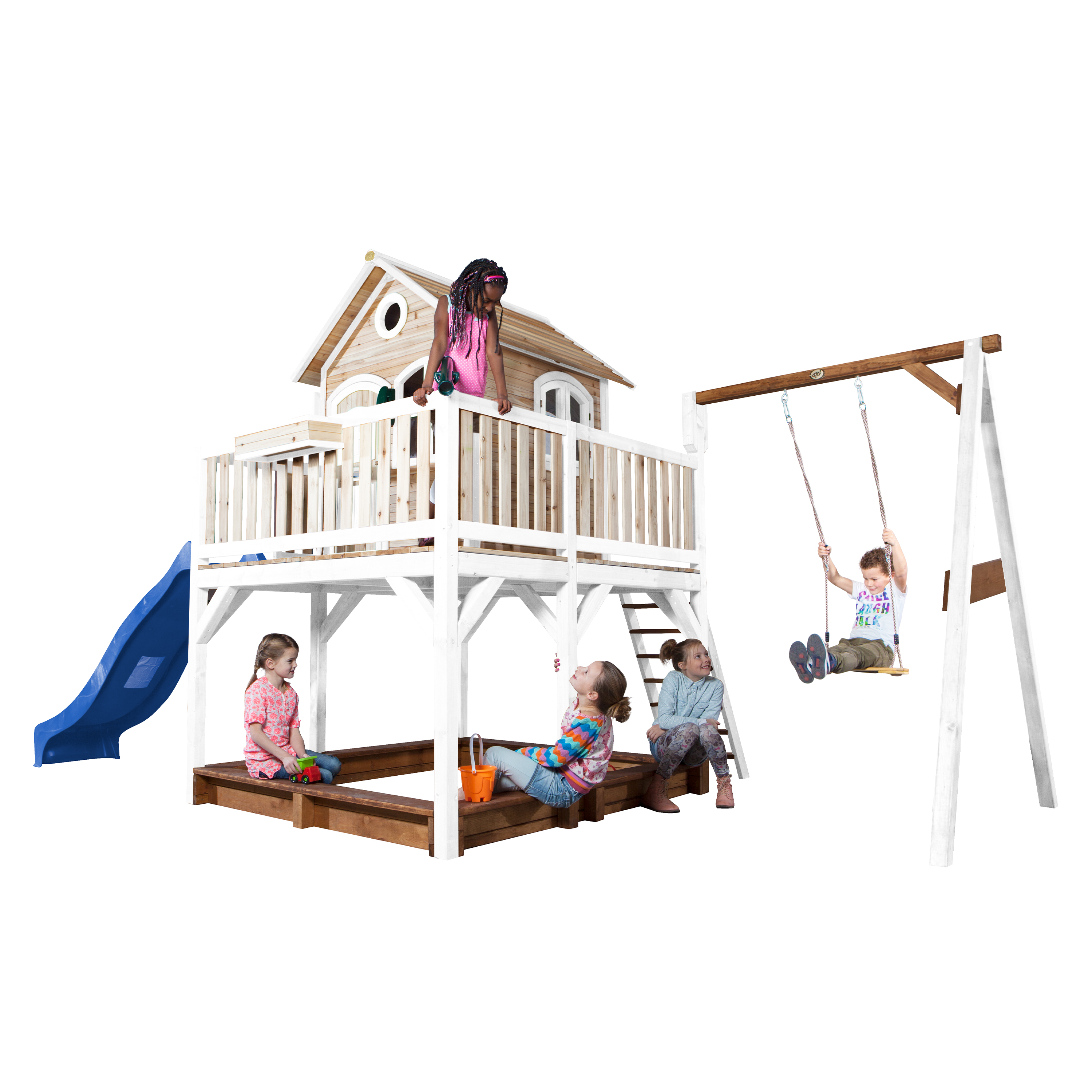 Liam Playhouse with Single Swing Brown/White - Blue Slide