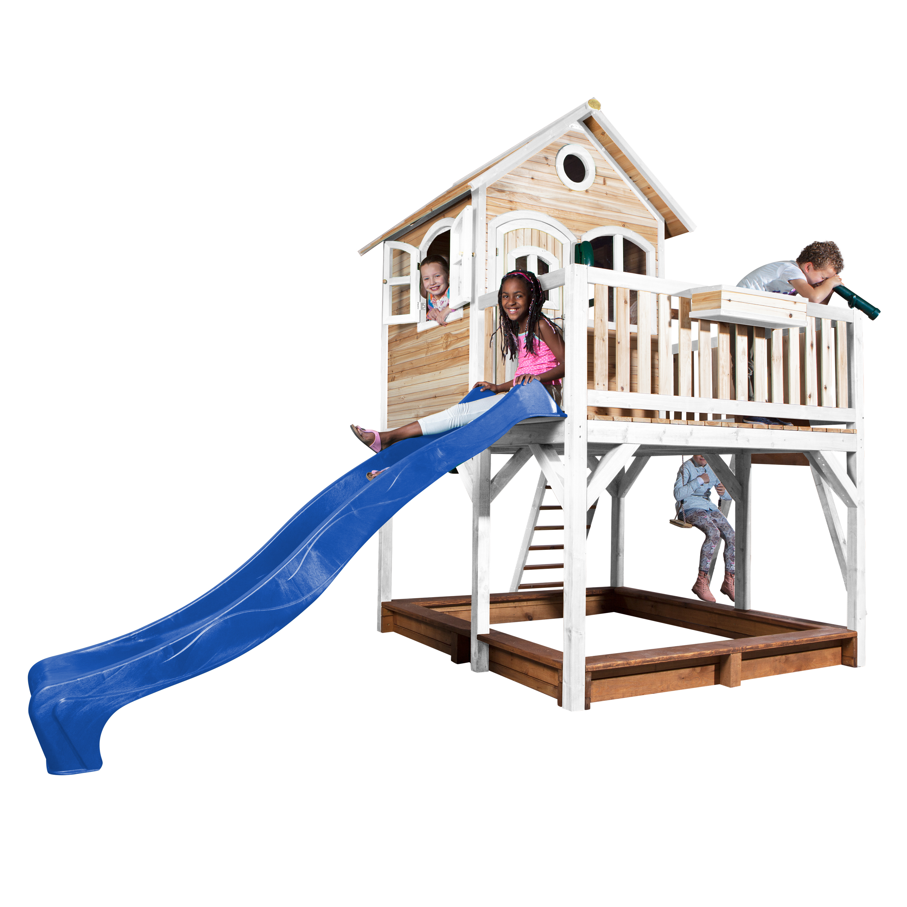 Liam Playhouse with Single Swing Brown/White - Blue Slide