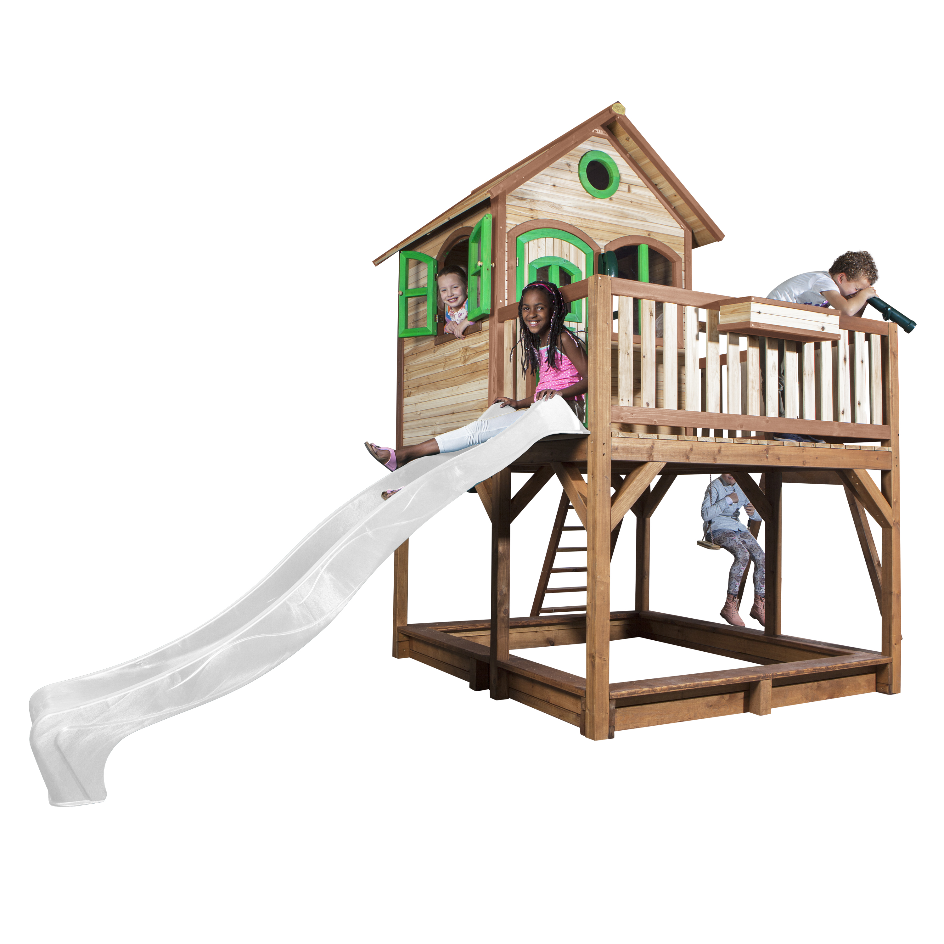 Liam Playhouse with Single Swing Brown/Green - White Slide