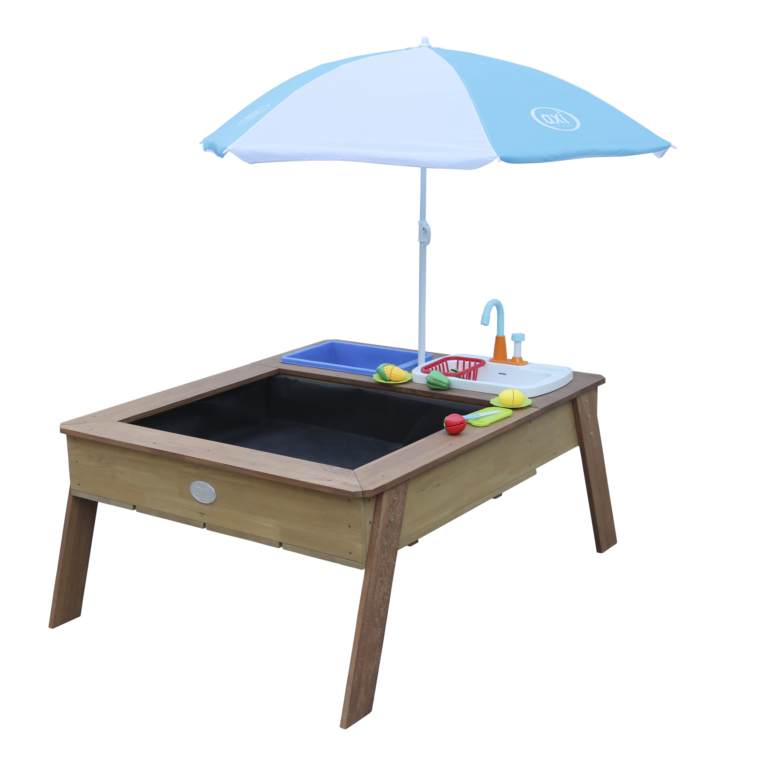 Linda Sand & Water Table with Play Kitchen sink Brown - Umbrella Blue/White