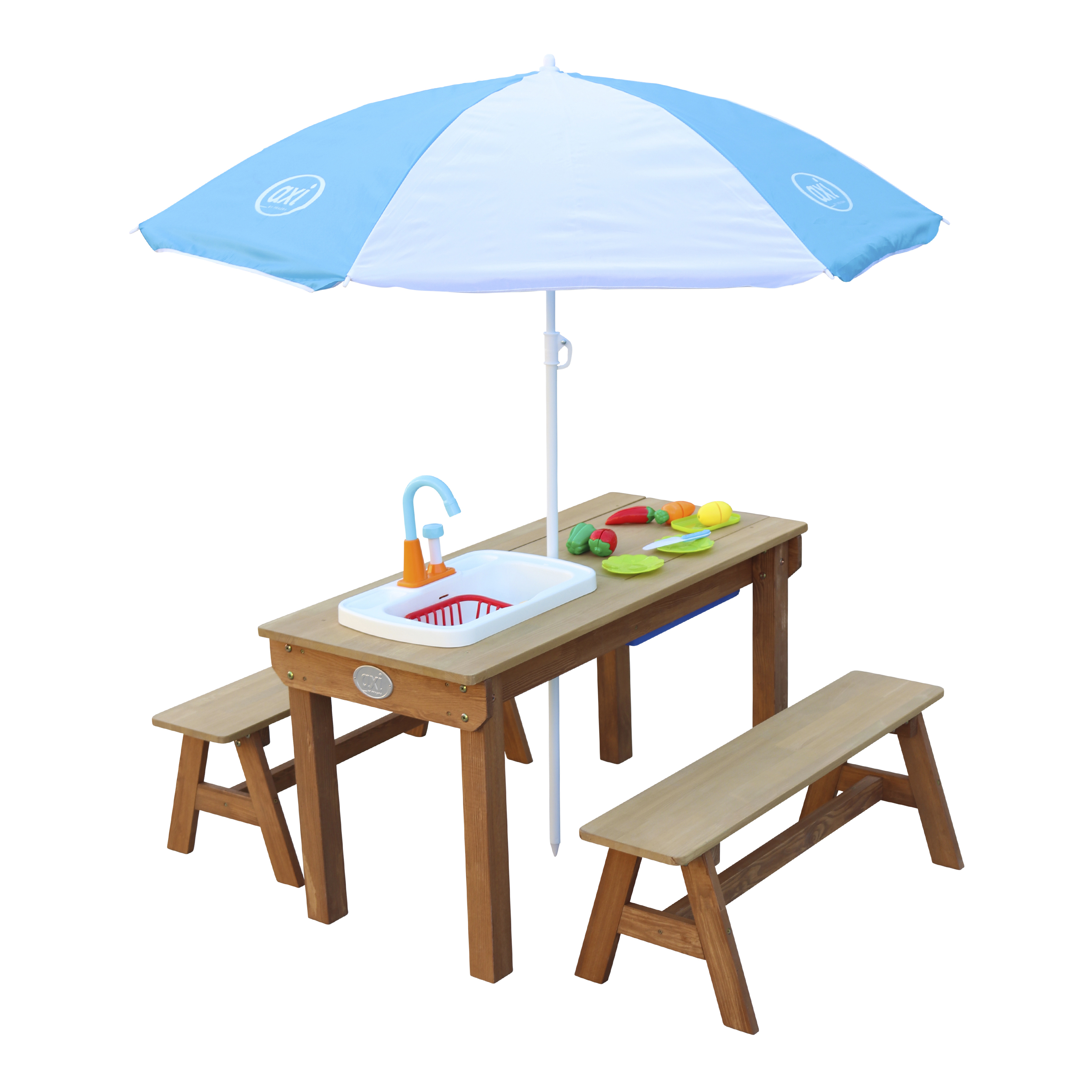 Dennis Sand & Water Picnic Table with Play Kitchen sink and Benches Brown - Umbrella Blue/White