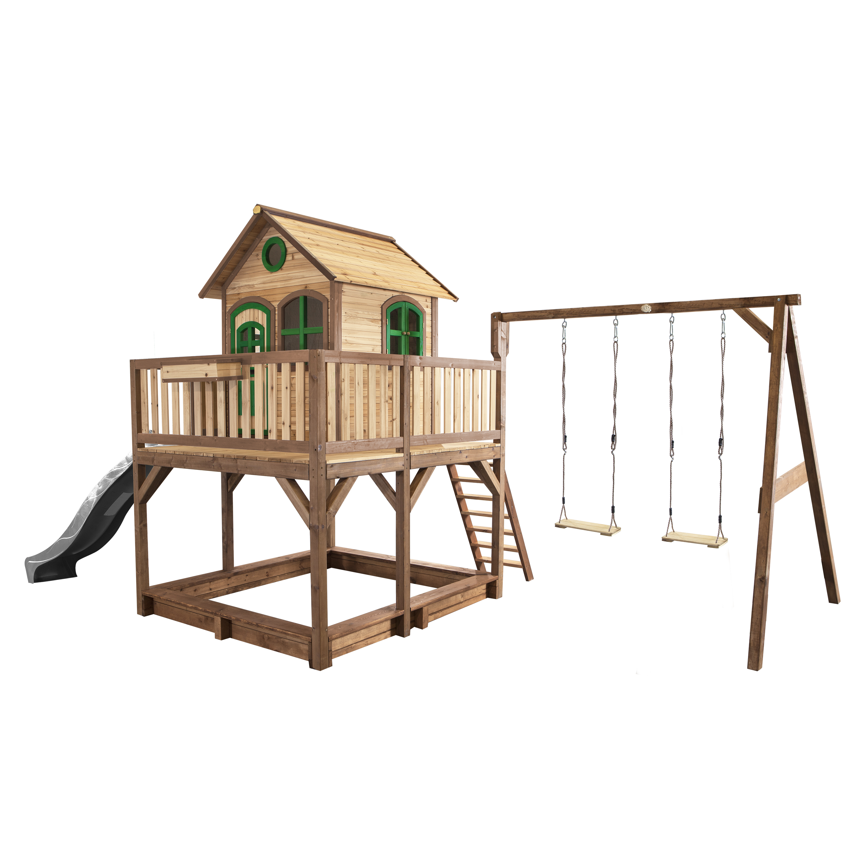 Liam Playhouse with Double Swing Brown/Green - Grey Slide