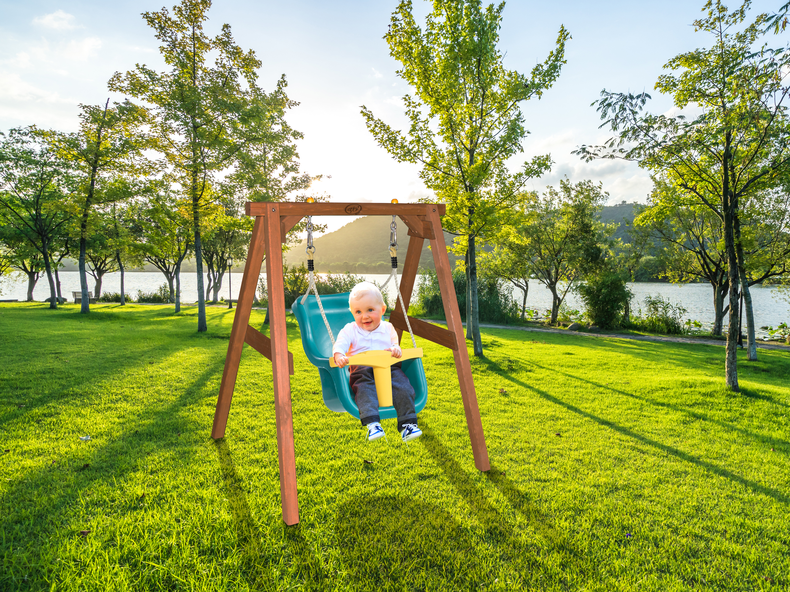 Baby Swing Brown with seat Turquoise/yellow