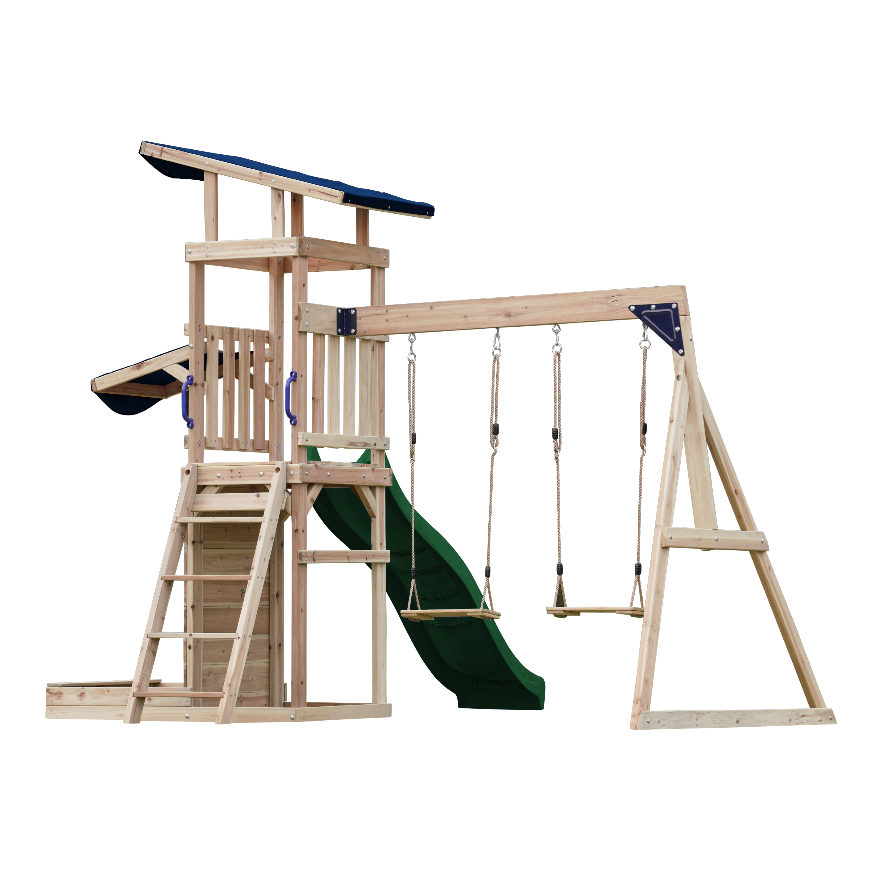 Malik play tower with double swing and play wall - green slide