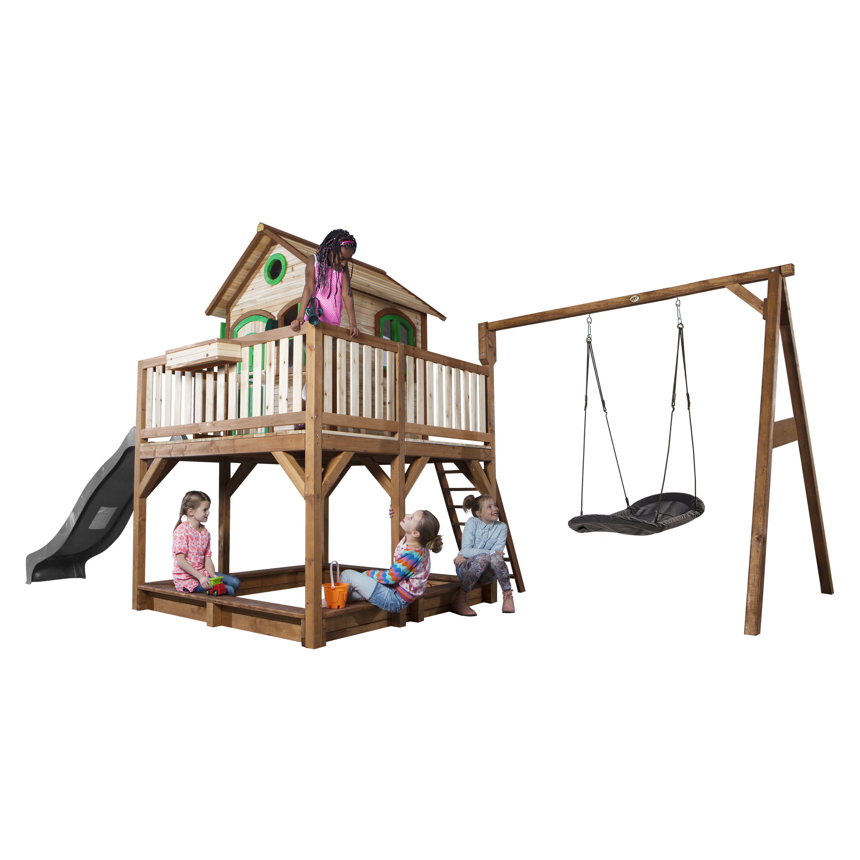 Liam Playhouse with Roxy Nest Swing Brown/Green - Grey Slide