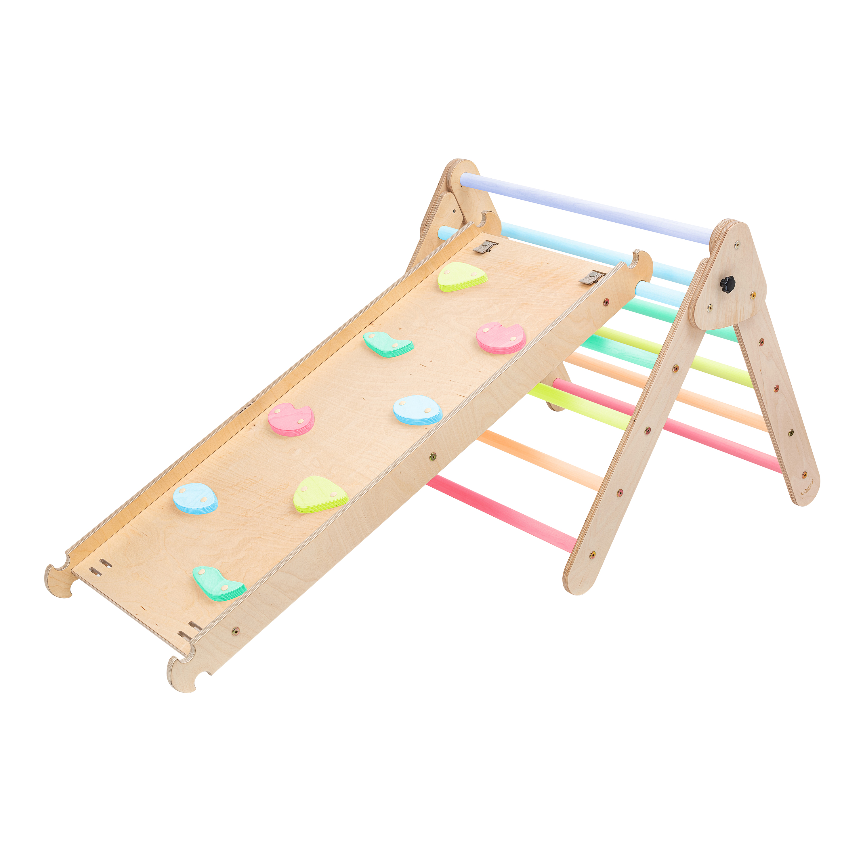 Wooden Climbing Triangle with Ladder and Climbing Wall Pastel