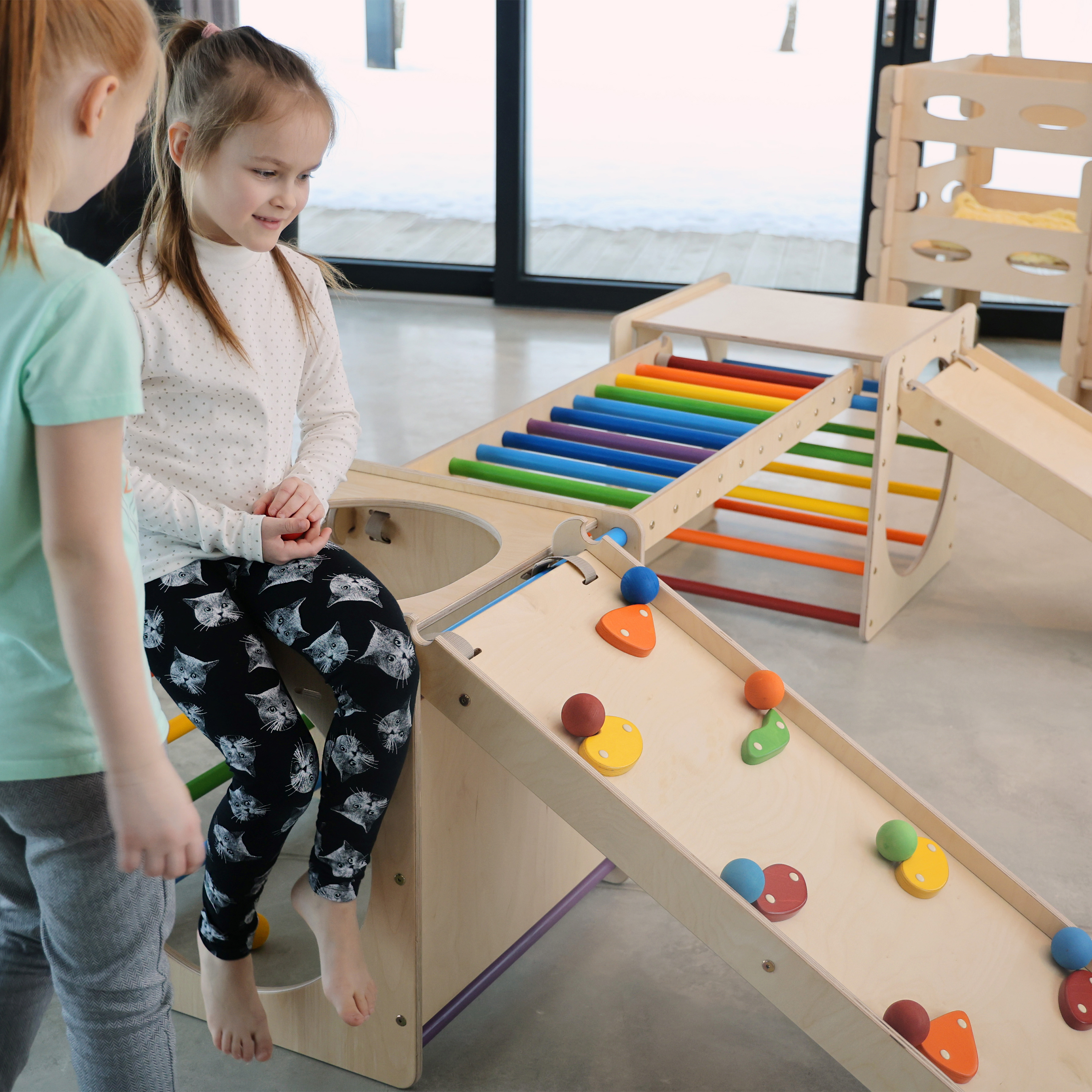 Wooden Activity Cube with Ladder and Climbing Wall Rainbow