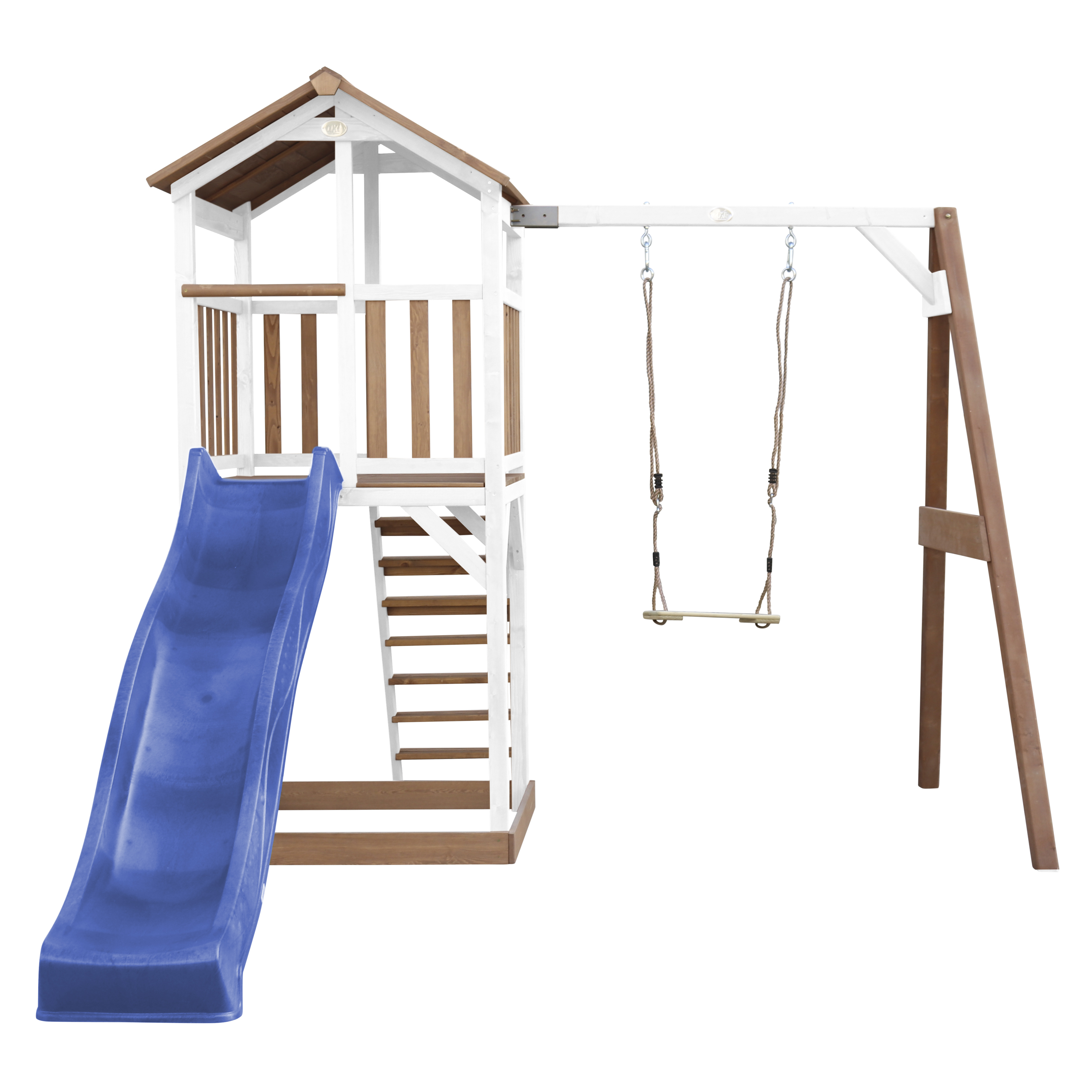 Beach Tower with Single Swing Brown/White - Blue Slide