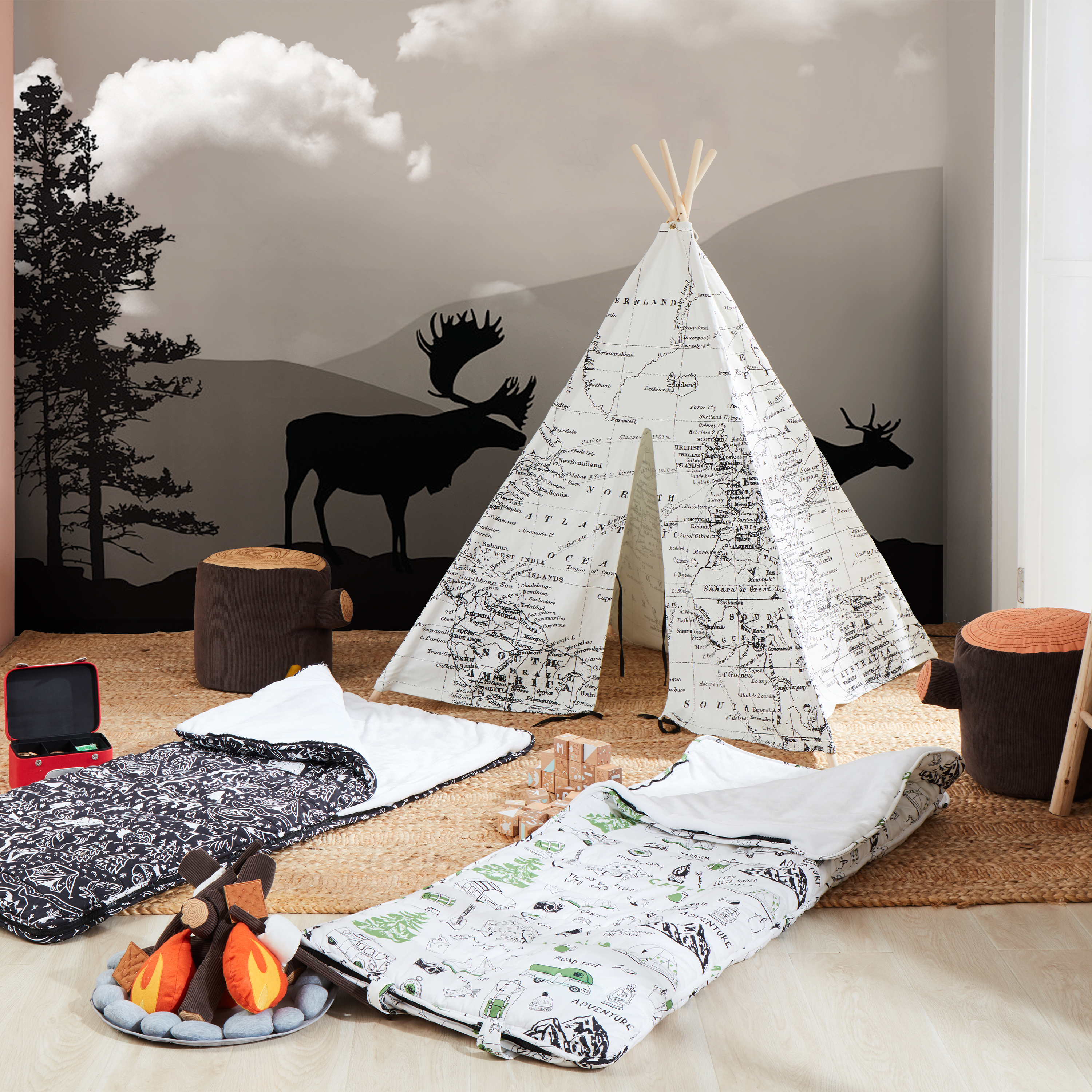 Wereldkaart Tipi Tent Zwart/wit