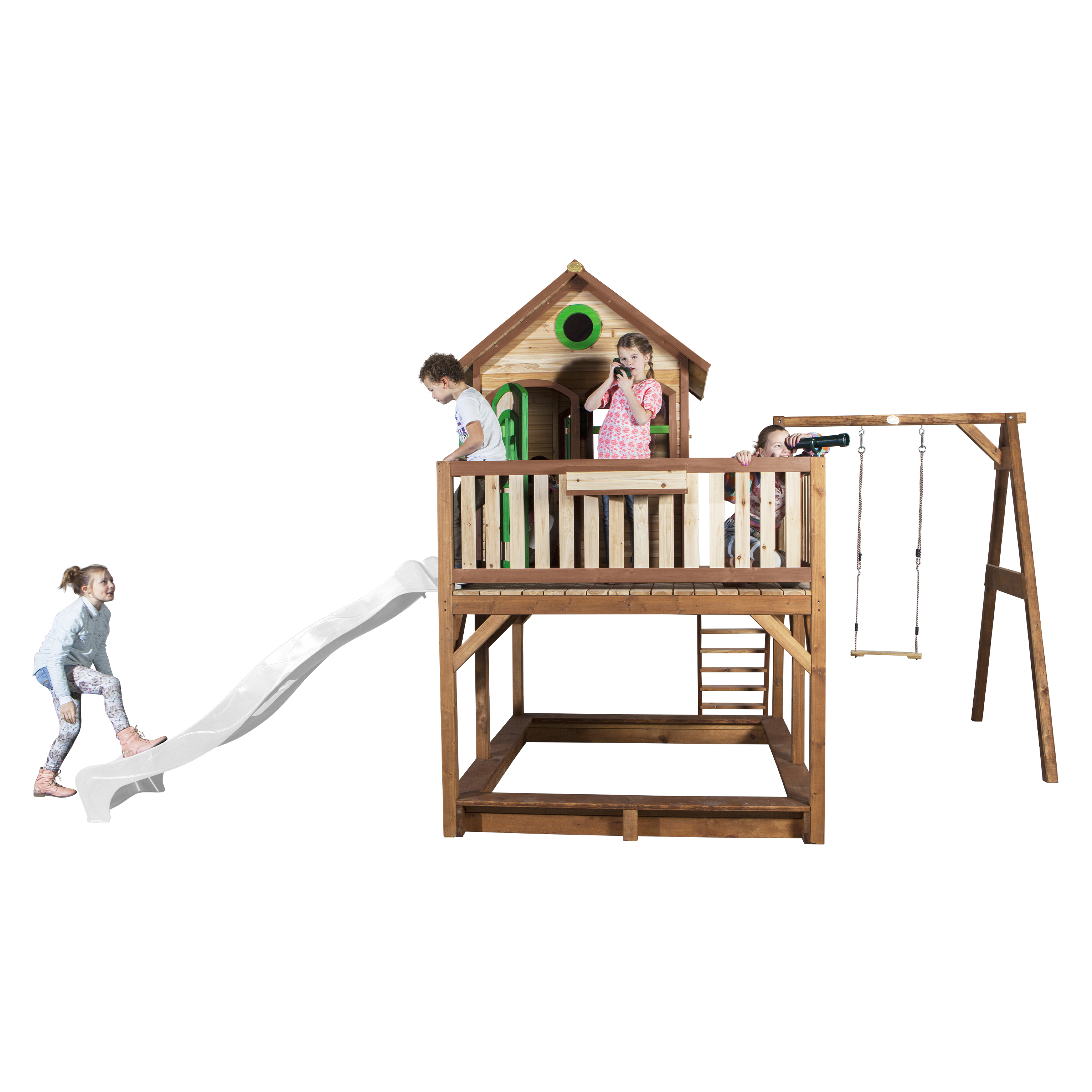 Liam Playhouse with Single Swing Brown/Green - White Slide