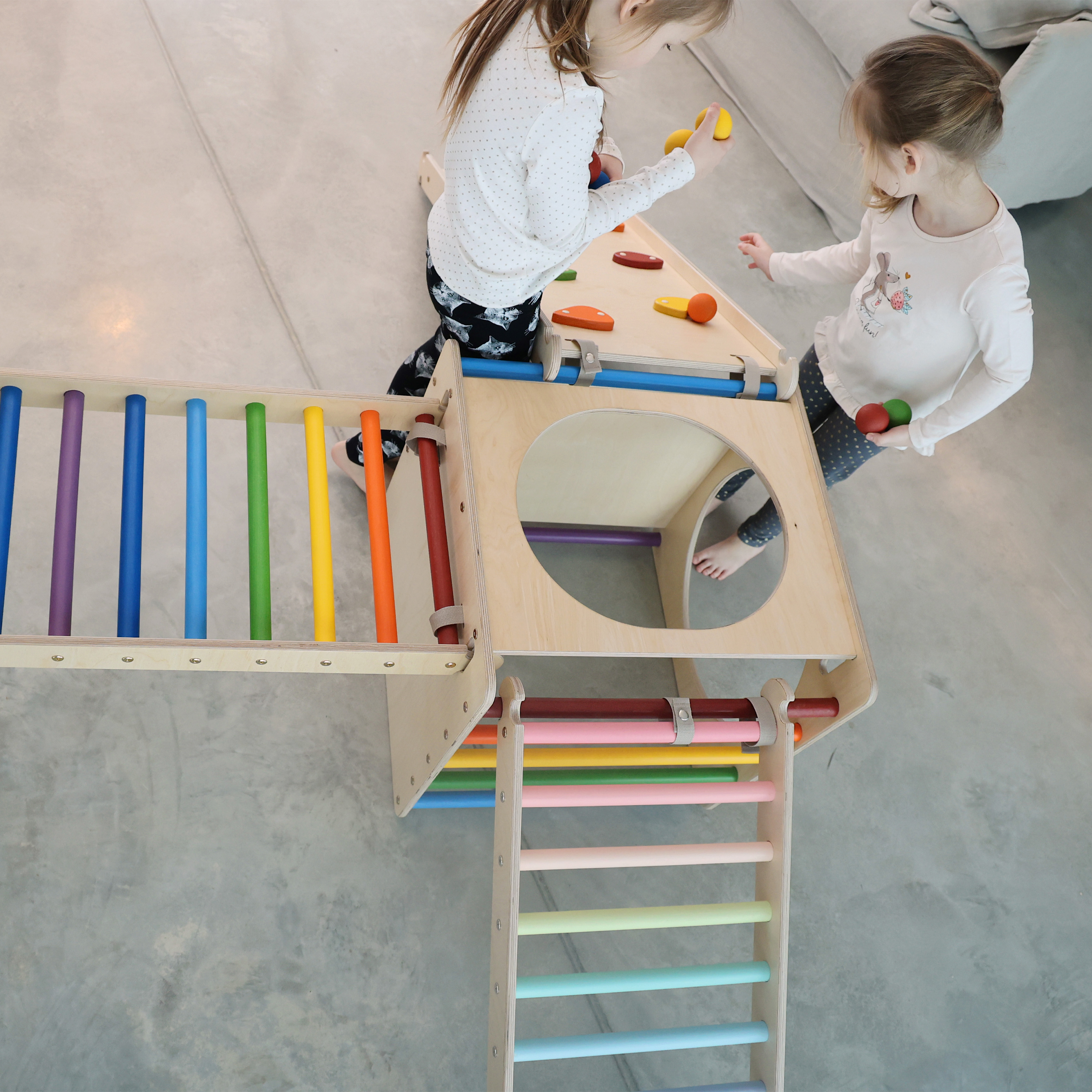 Wooden Activity Cube with Ladder and Climbing Wall Rainbow