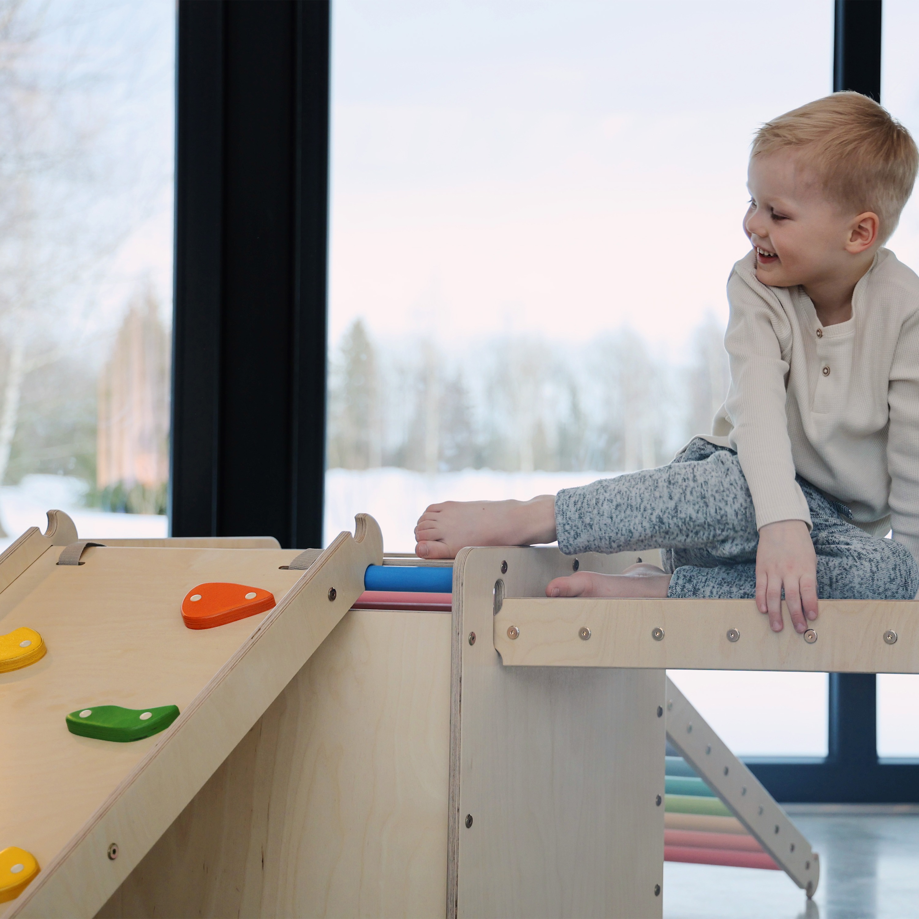 Wooden Activity Cube with Ladder and Climbing Wall Rainbow