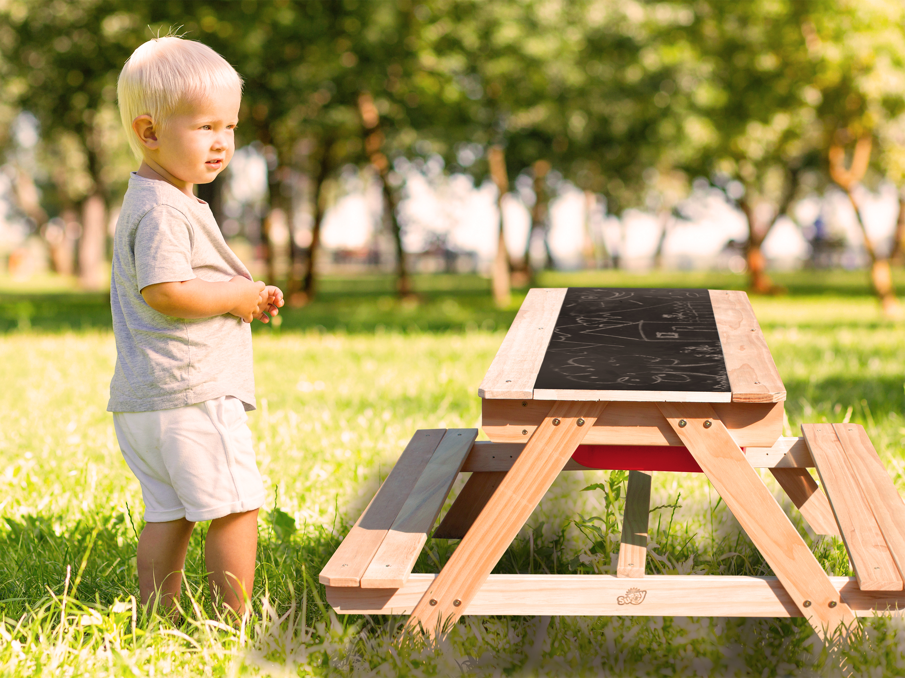 Dual Top 2.0 Sand & Water Picnic Table with Red Bins