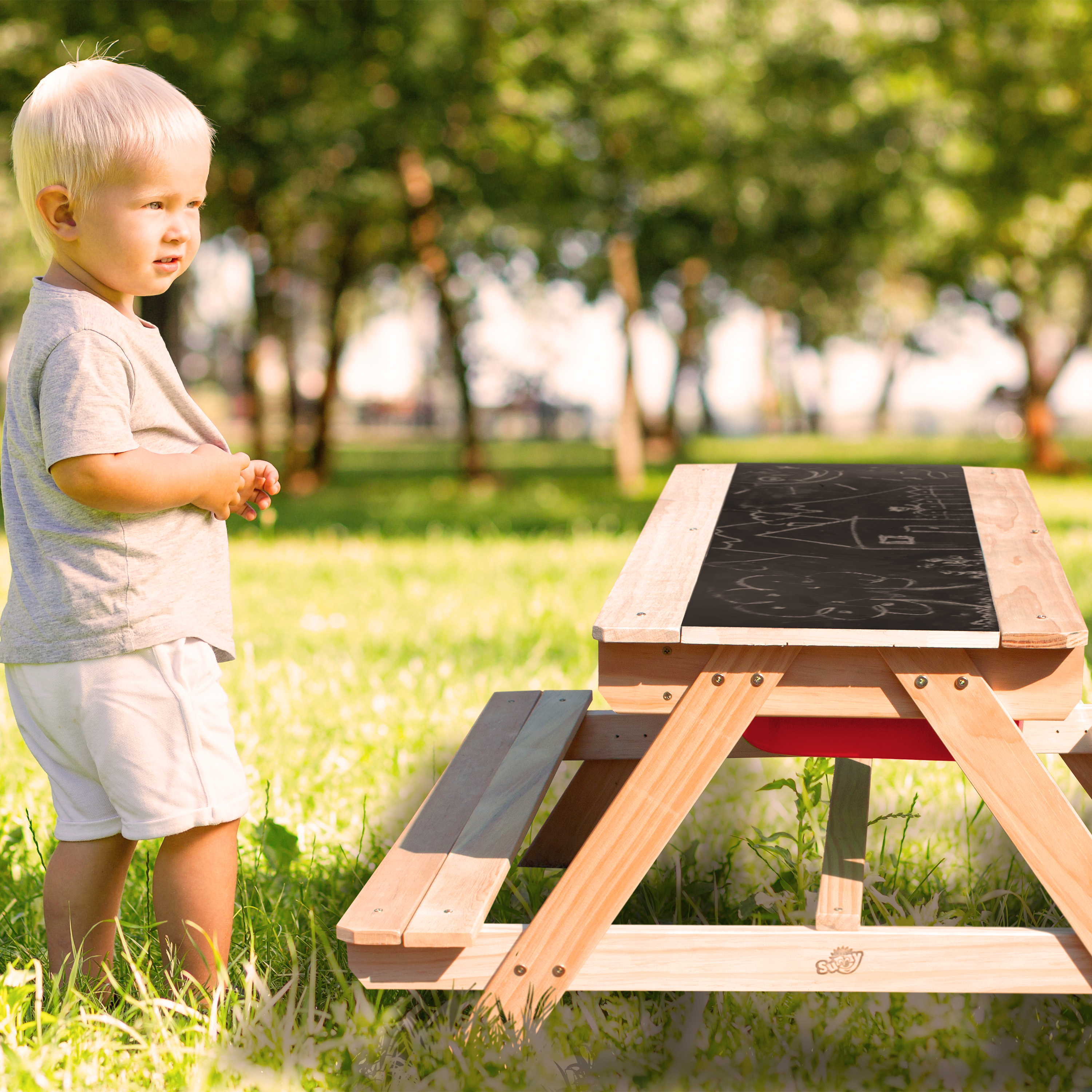 Dual Top 2.0 Sand & Water Picnic Table with Red Bins