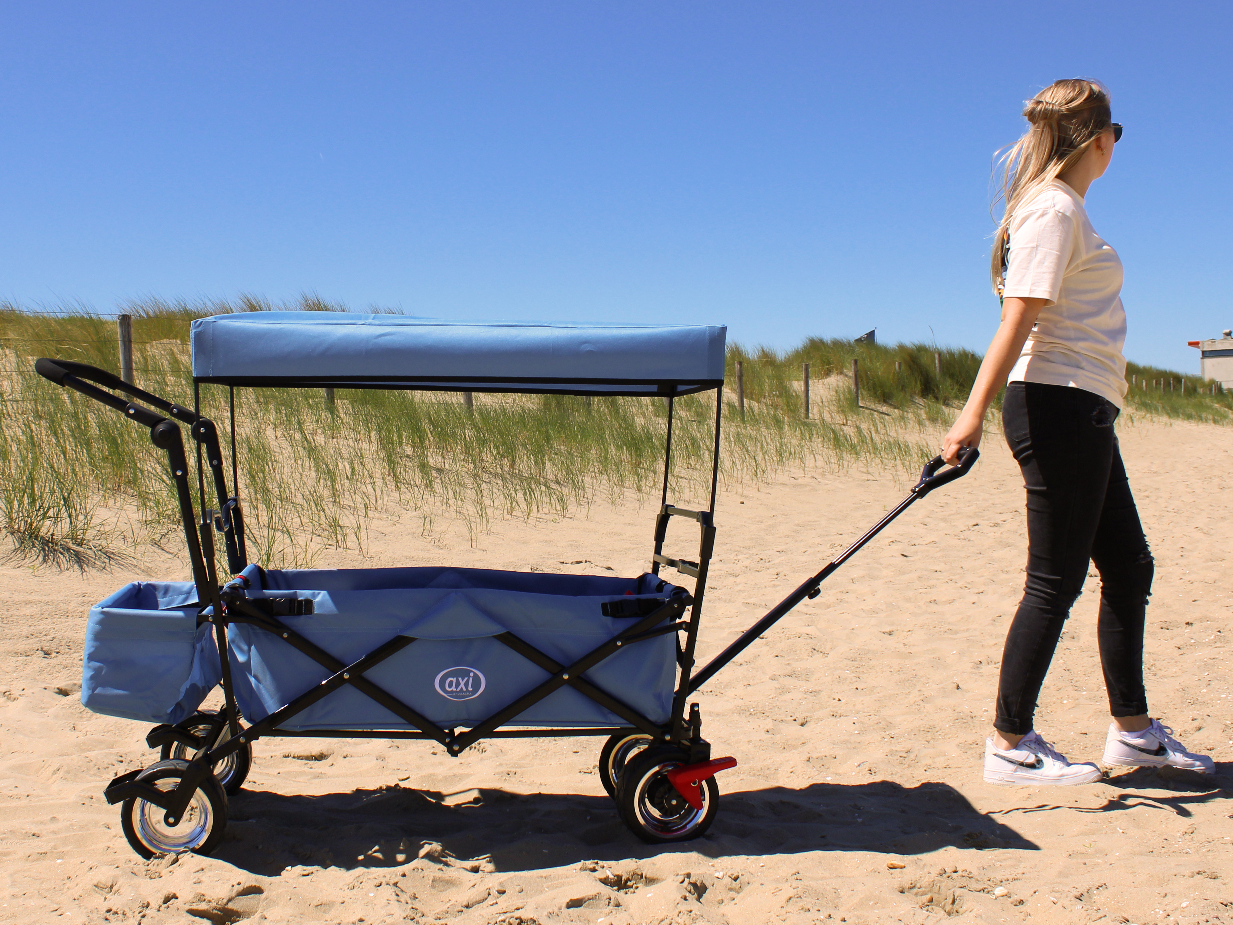 AXI AB210 Foldable Beach Wagon with roof, bag, brake, and handlebar - Blue