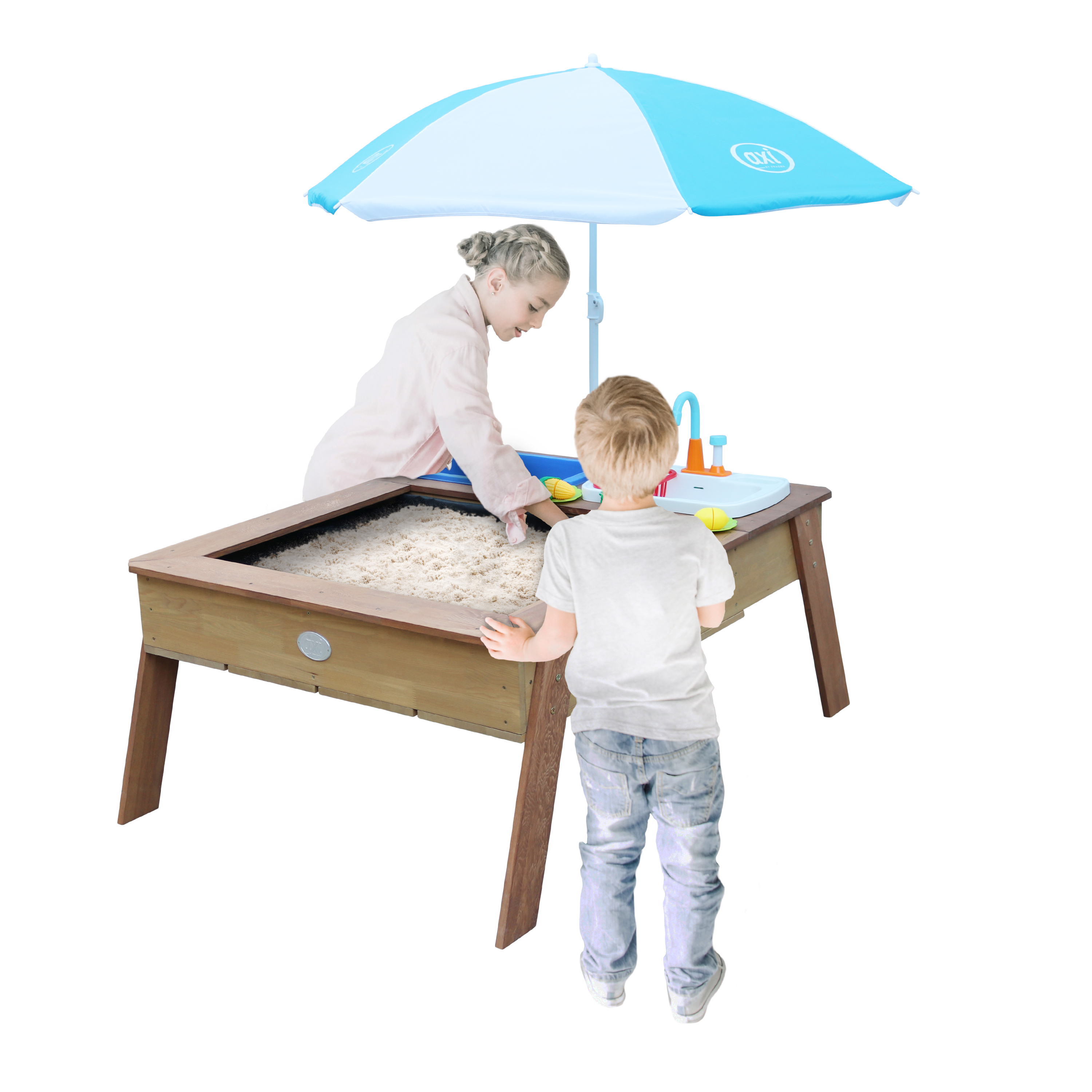 Linda Sand & Water Table with Play Kitchen sink Brown - Umbrella Blue/White