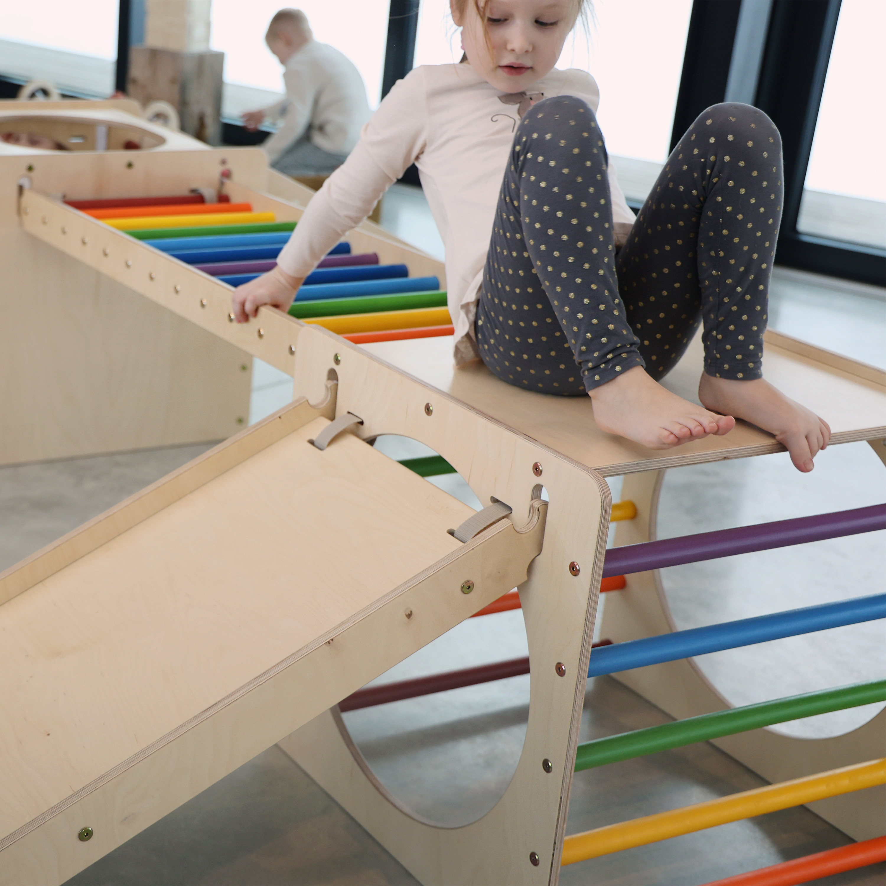 Wooden Activity Cube with Ladder and Climbing Wall Rainbow