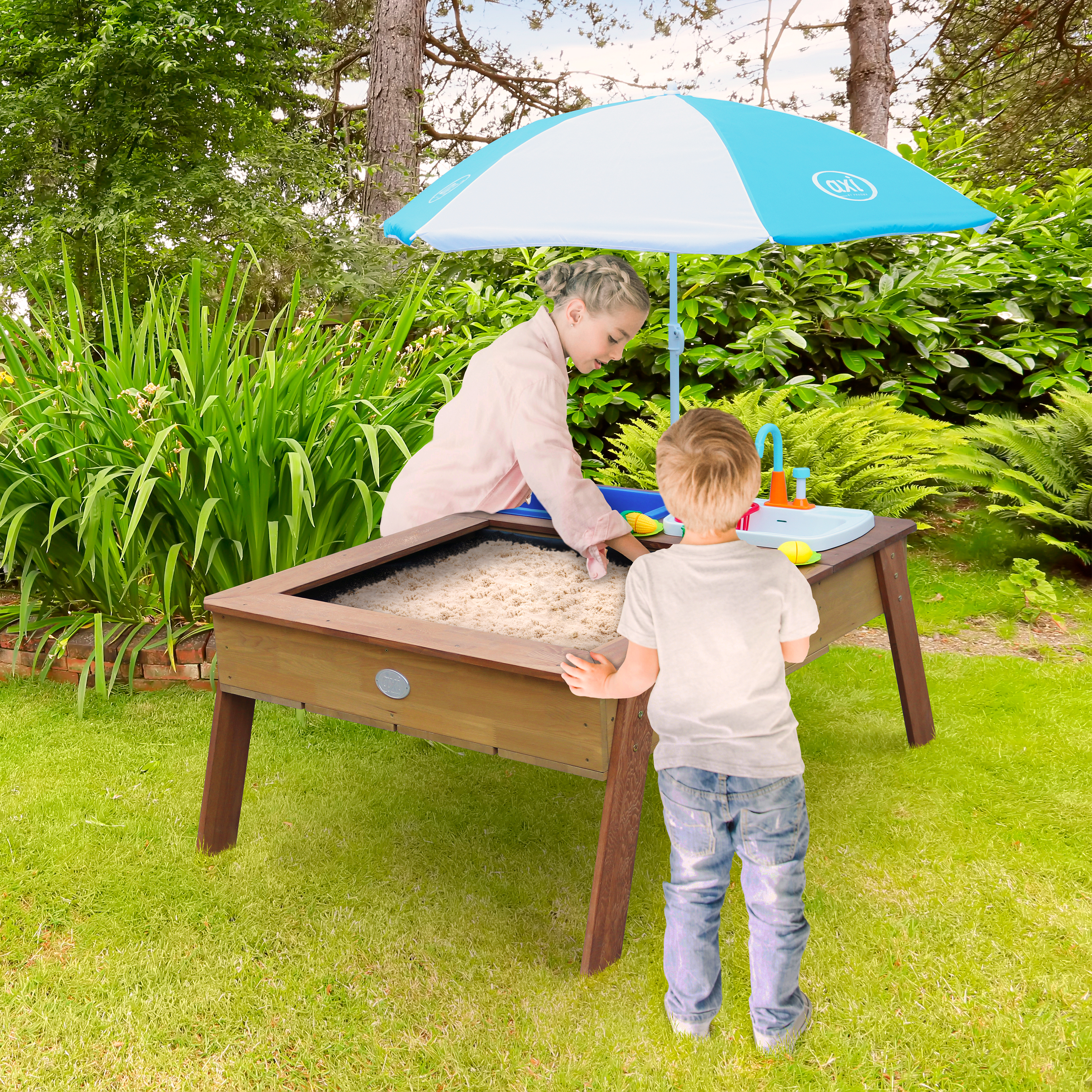 Linda Sand & Water Table with Play Kitchen sink Brown - Umbrella Blue/White