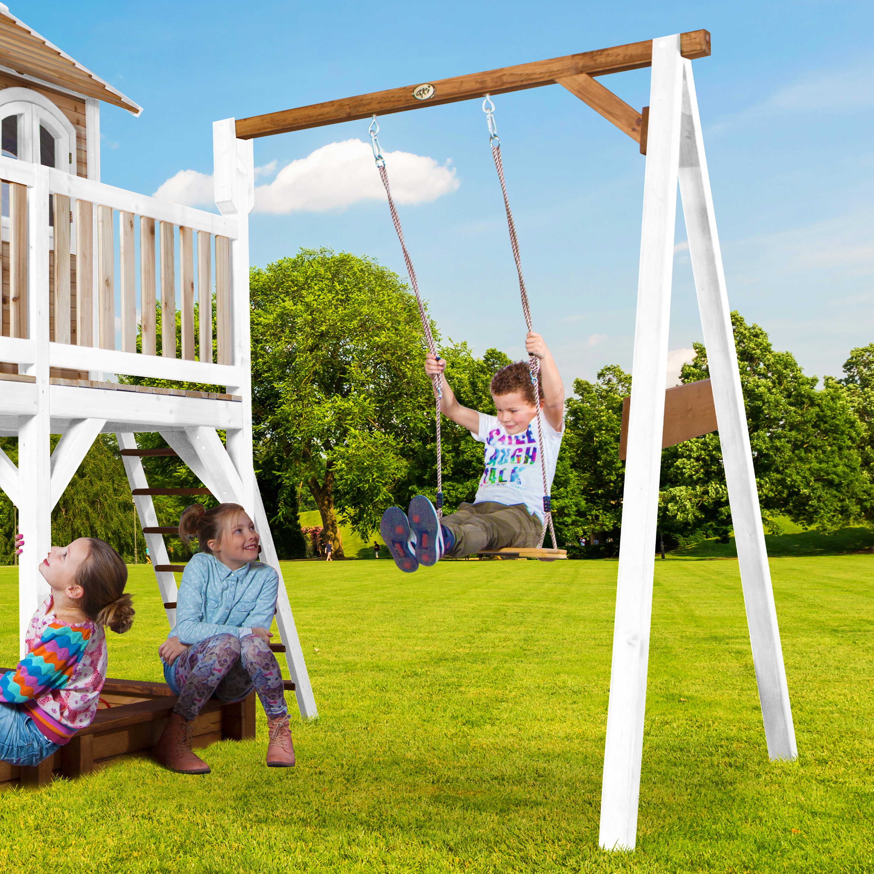 Liam Playhouse with Single Swing Brown/White - Blue Slide