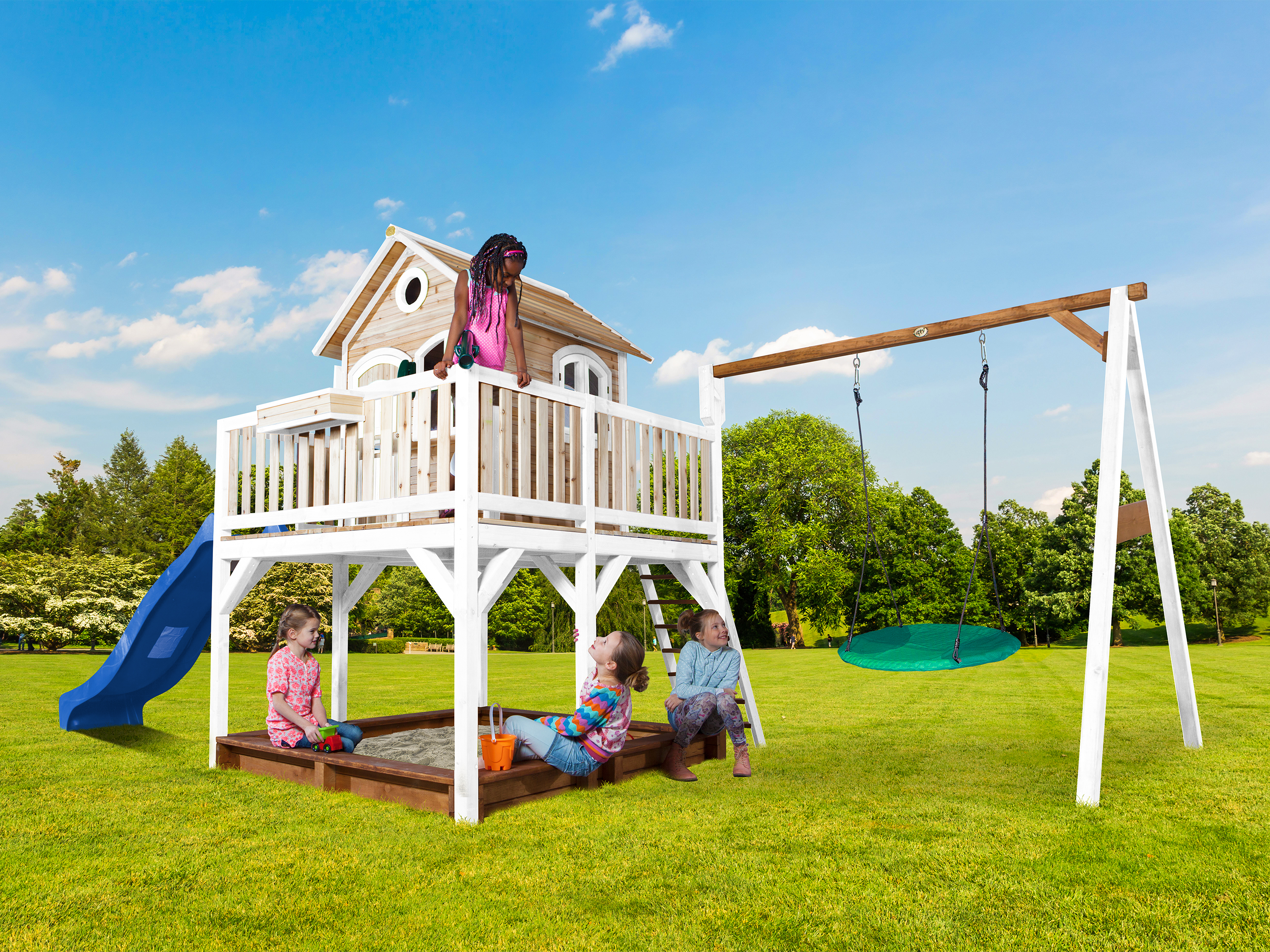 Liam Playhouse with Summer Nest Swing Brown/White - Blue Slide