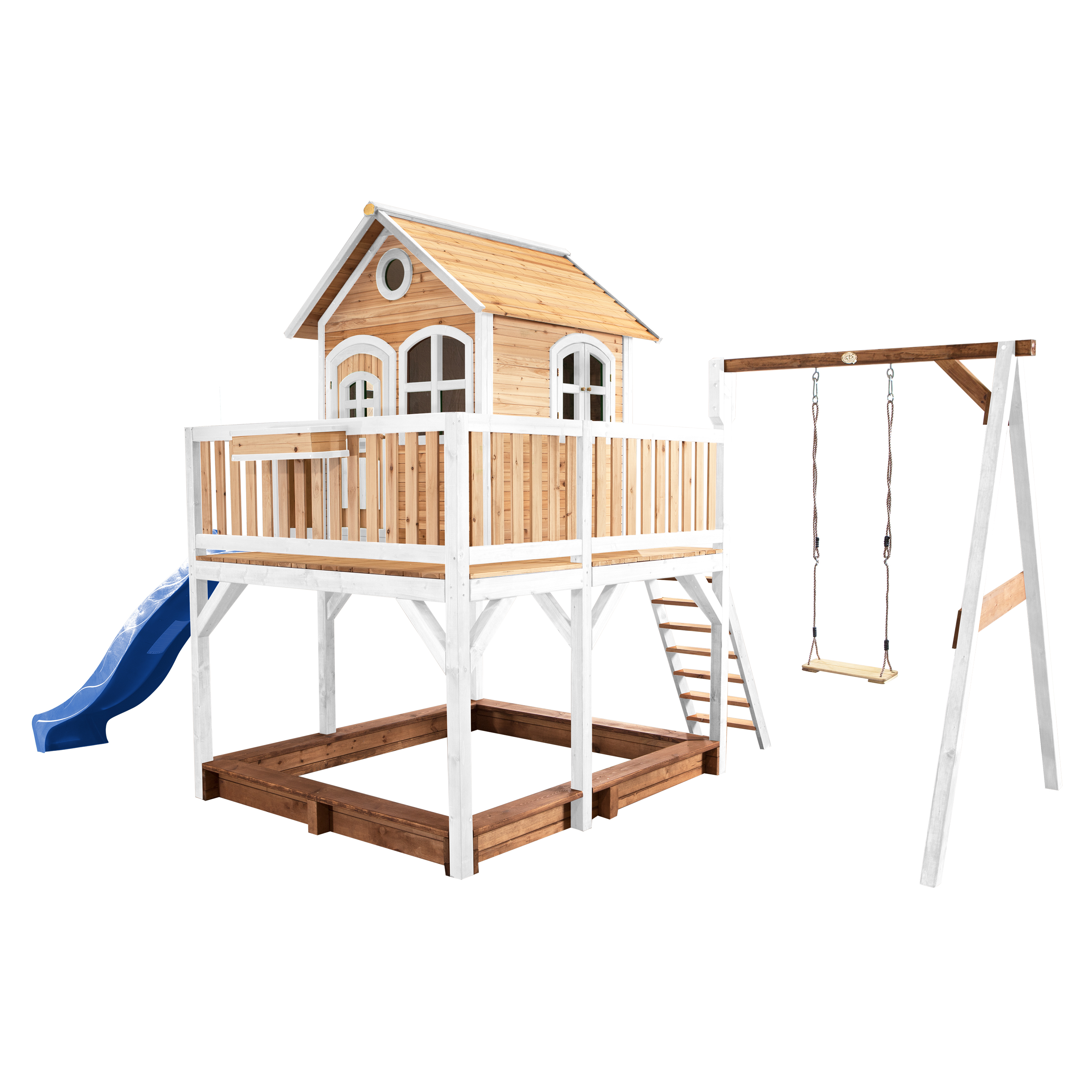 Liam Playhouse with Single Swing Brown/White - Blue Slide