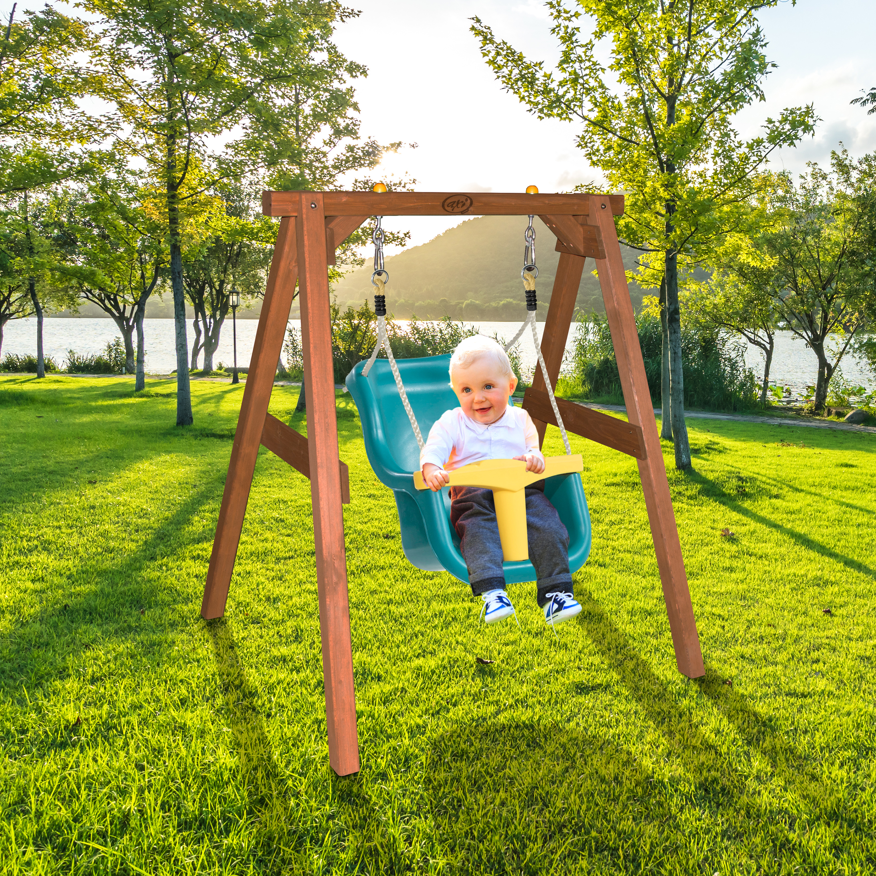 Baby Swing Brown with seat Turquoise/yellow