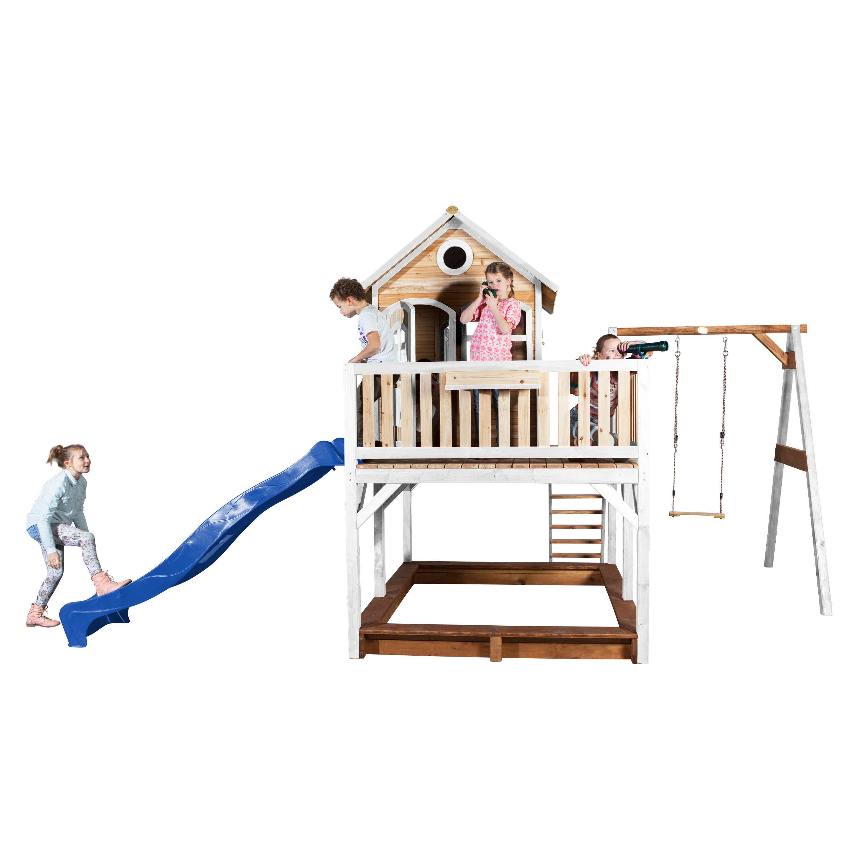 Liam Playhouse with Single Swing Brown/White - Blue Slide