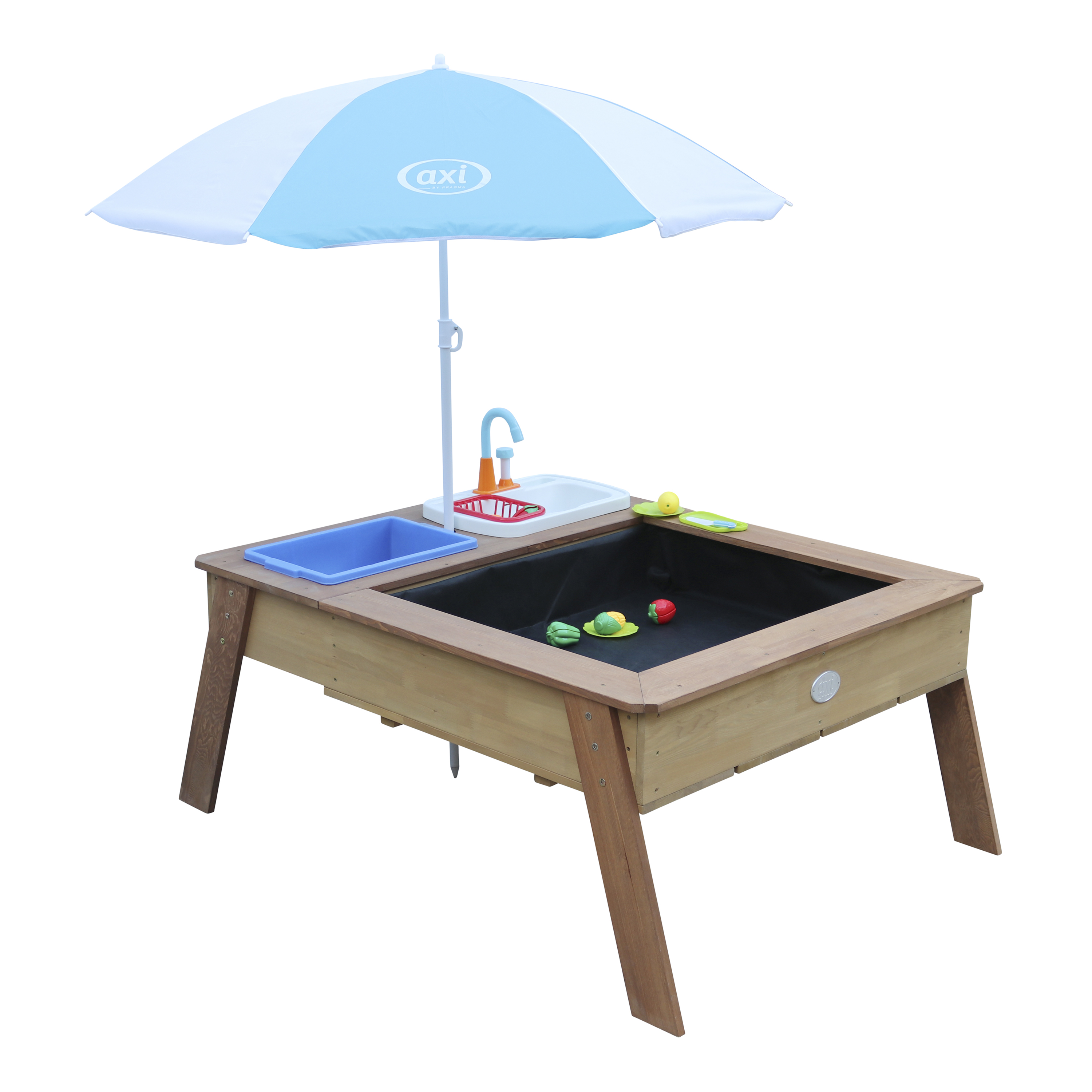 AXI Linda Sand & Water Table with Play Kitchen Sink Brown - Umbrella Blue/White