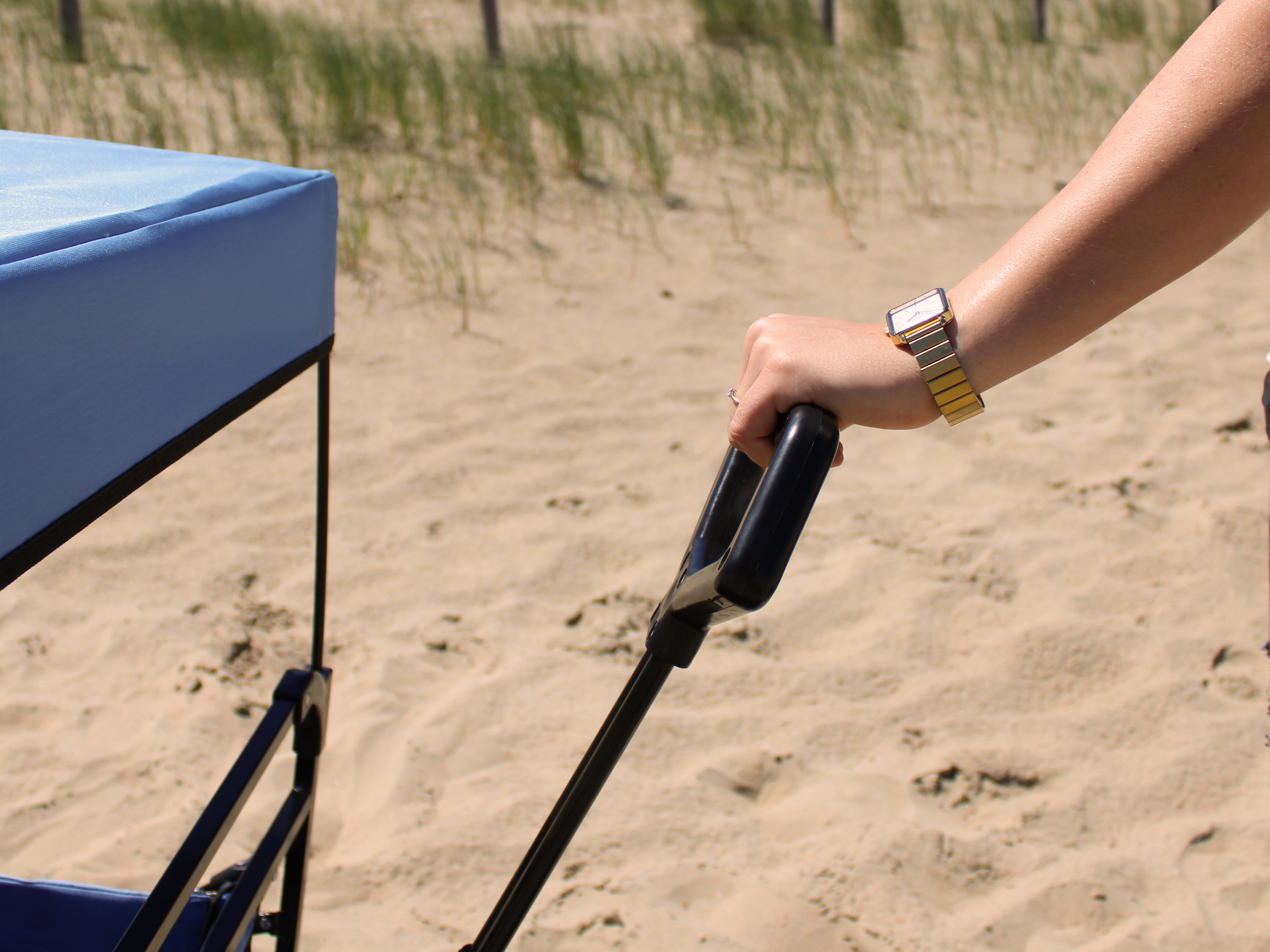 AB210 Foldable Beachwagon with roof, bag, brake and handlebar Blue