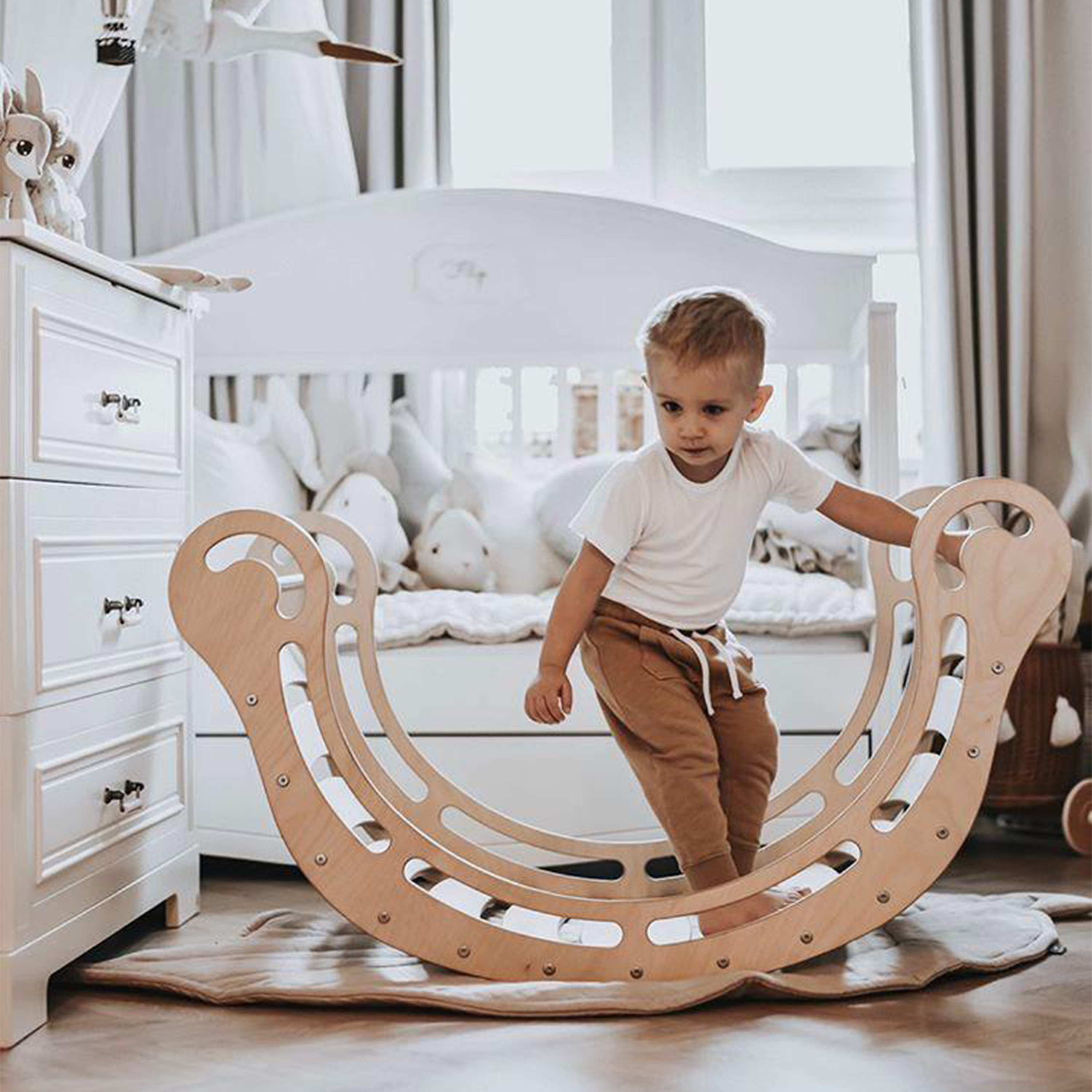 Wooden XXL Waldorf Rocker with Climbing Wall Natural