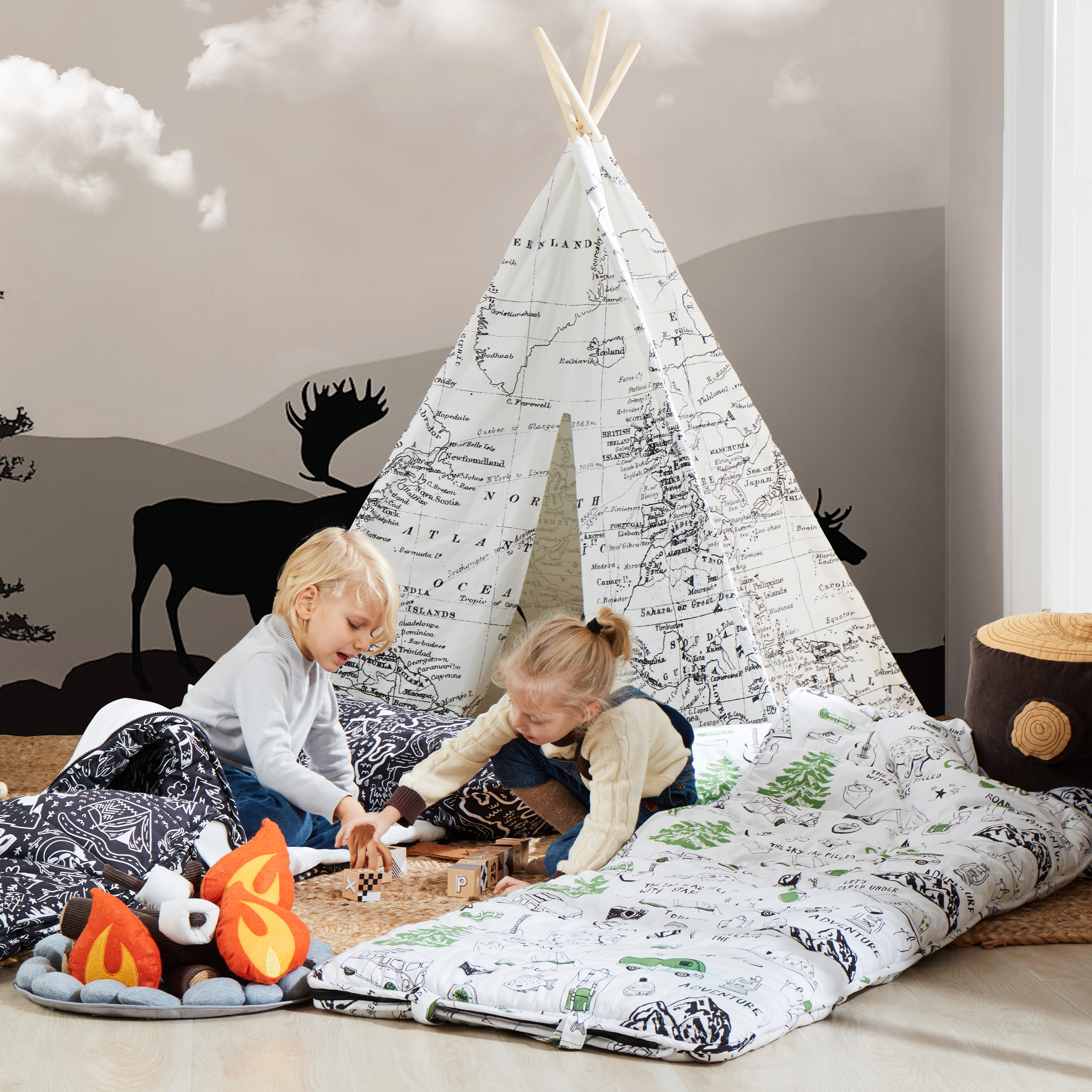 Wereldkaart Tipi Tent Zwart/wit