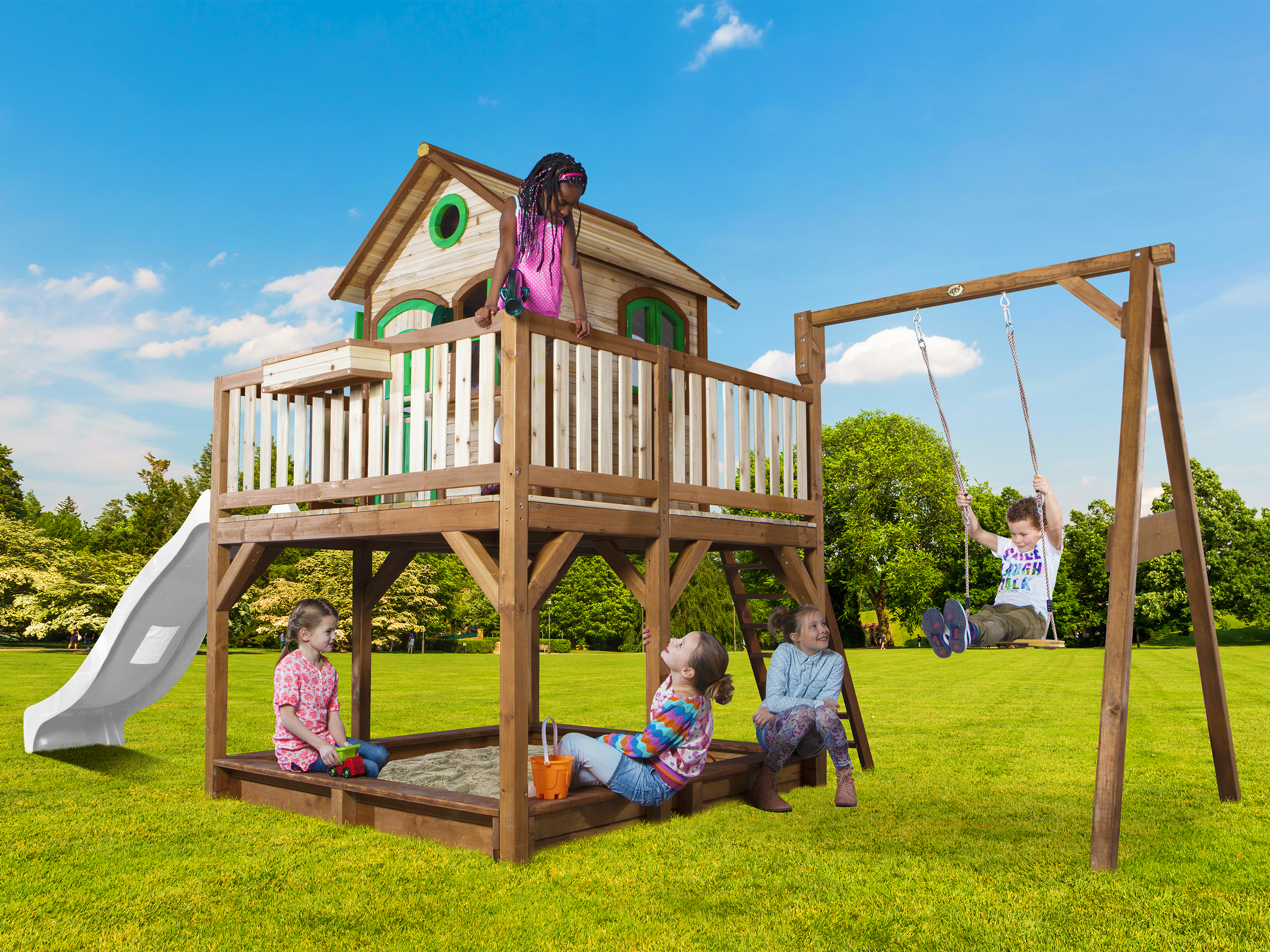 Liam Playhouse with Single Swing Brown/Green - White Slide