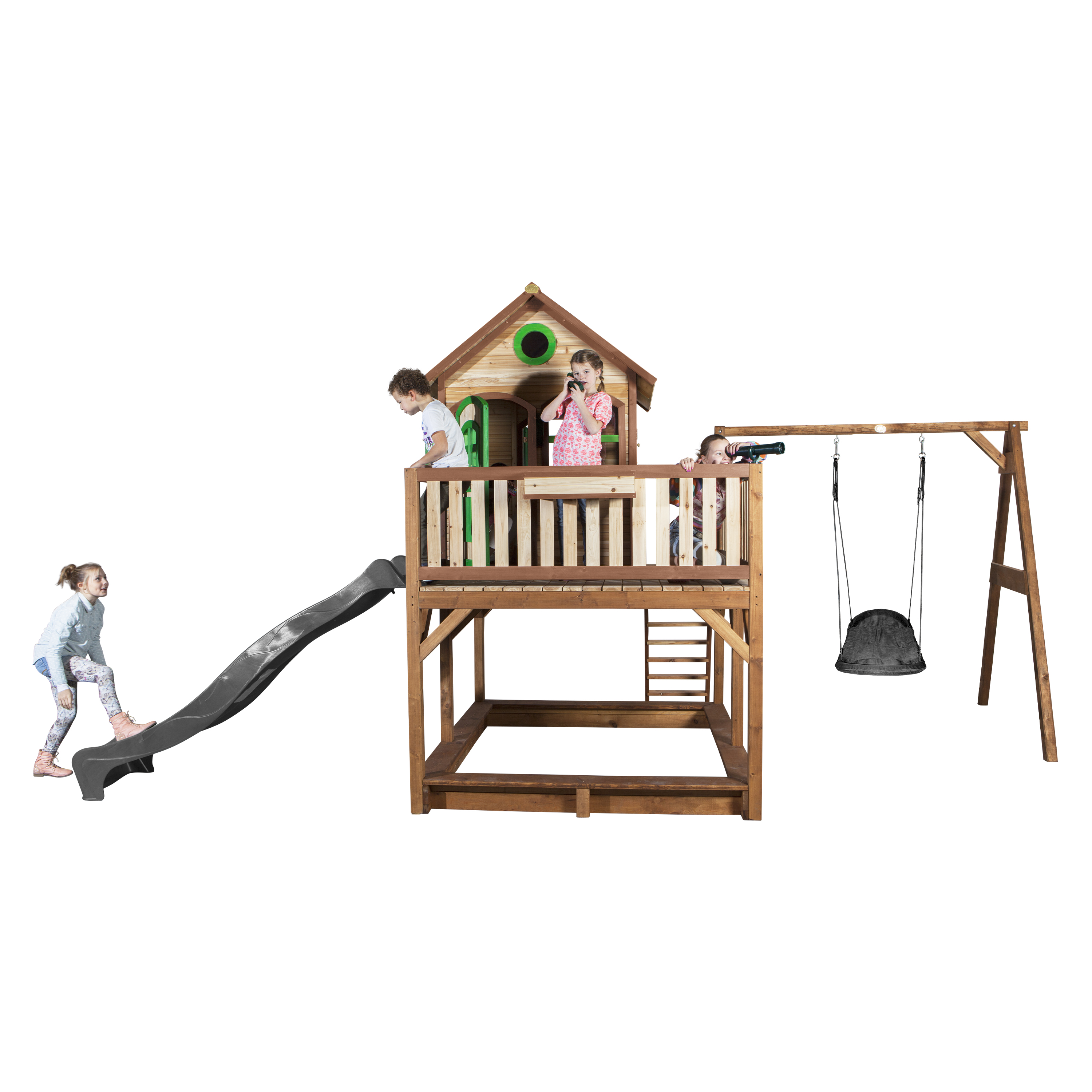 Liam Playhouse with Roxy Nest Swing Brown/Green - Grey Slide