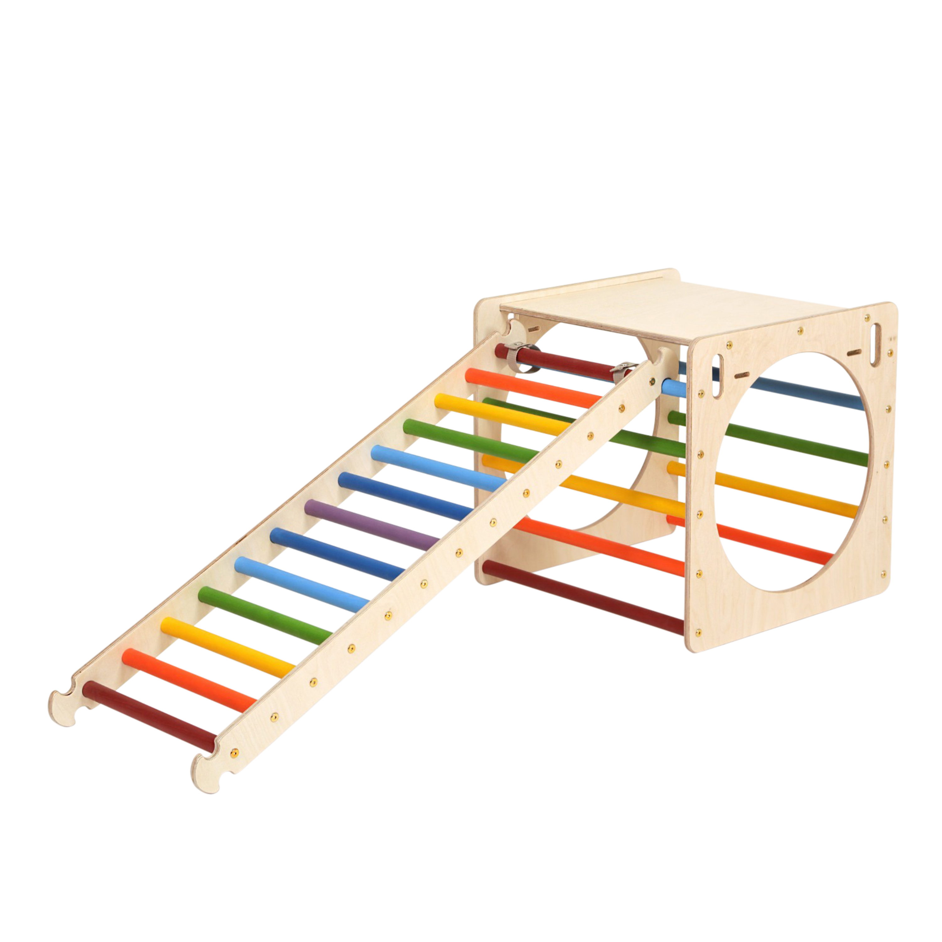 Wooden Activity Cube with Ladder and Climbing Wall Rainbow