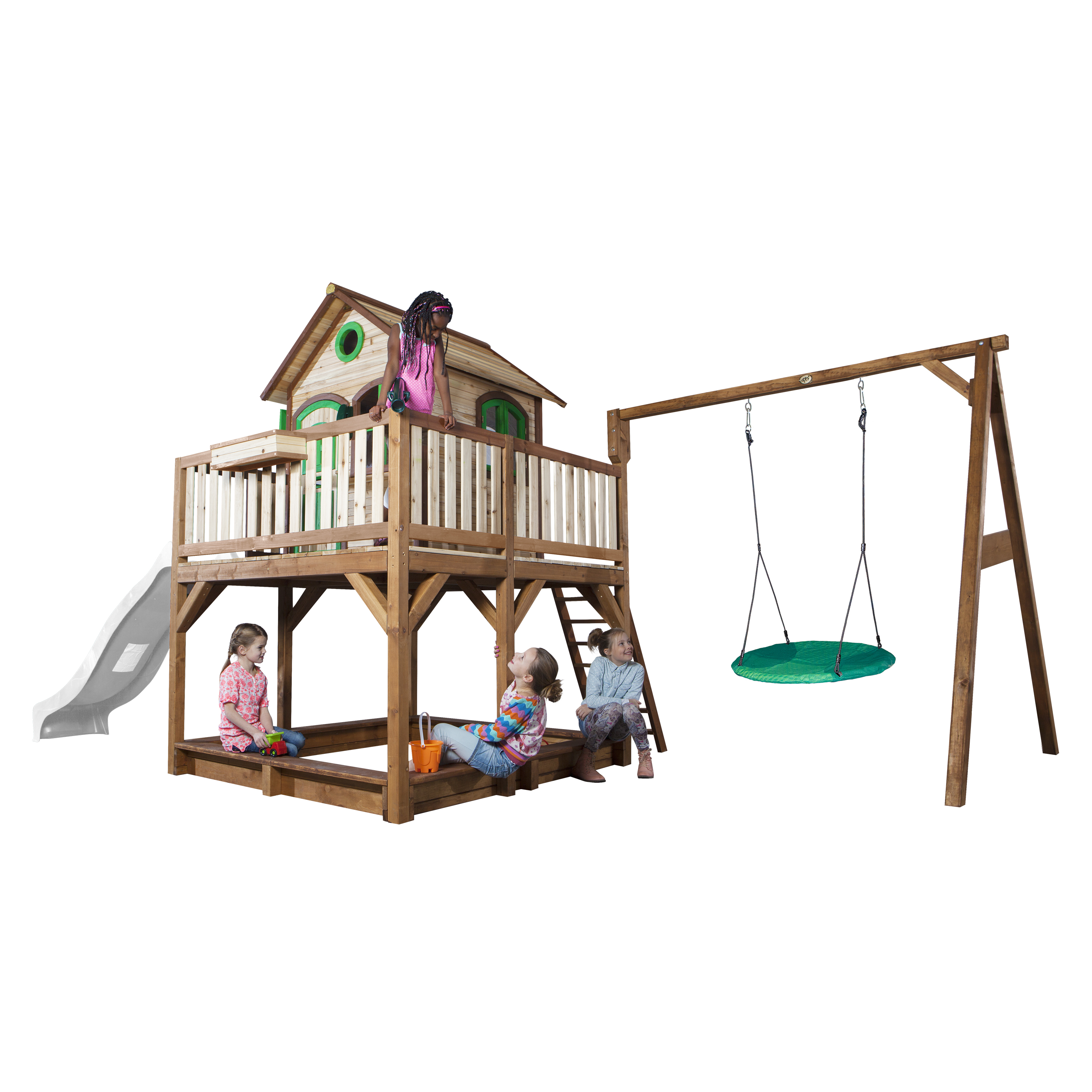 Liam Playhouse with Summer Nest Swing Brown/Green - White Slide