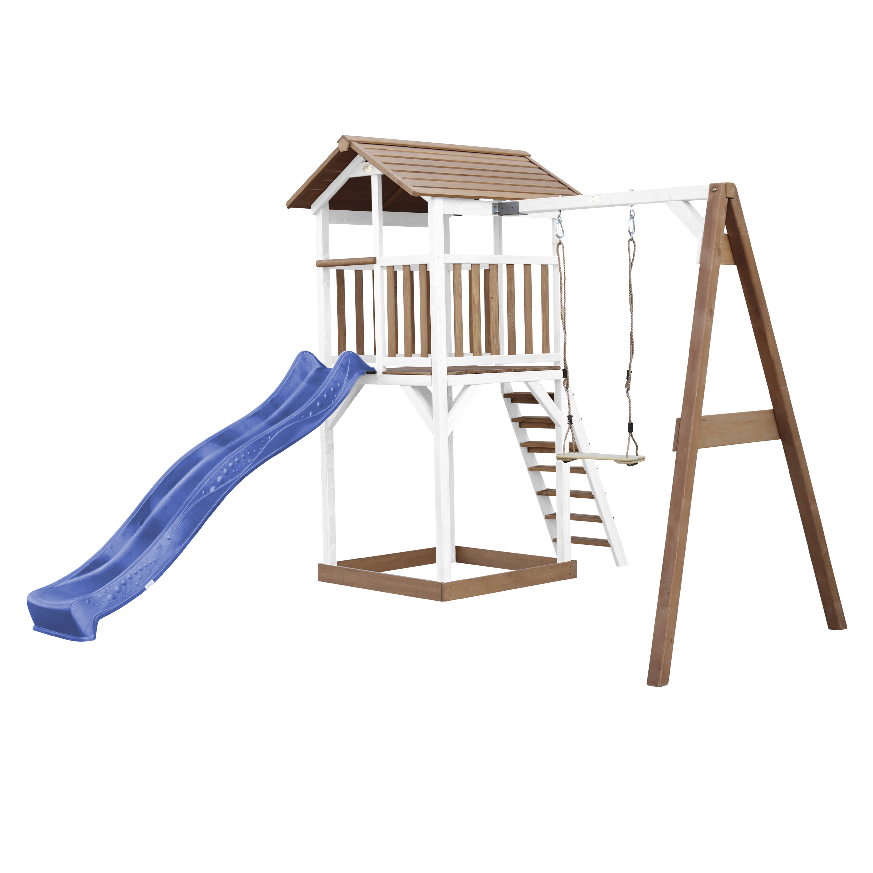 Beach Tower with Single Swing Brown/White - Blue Slide