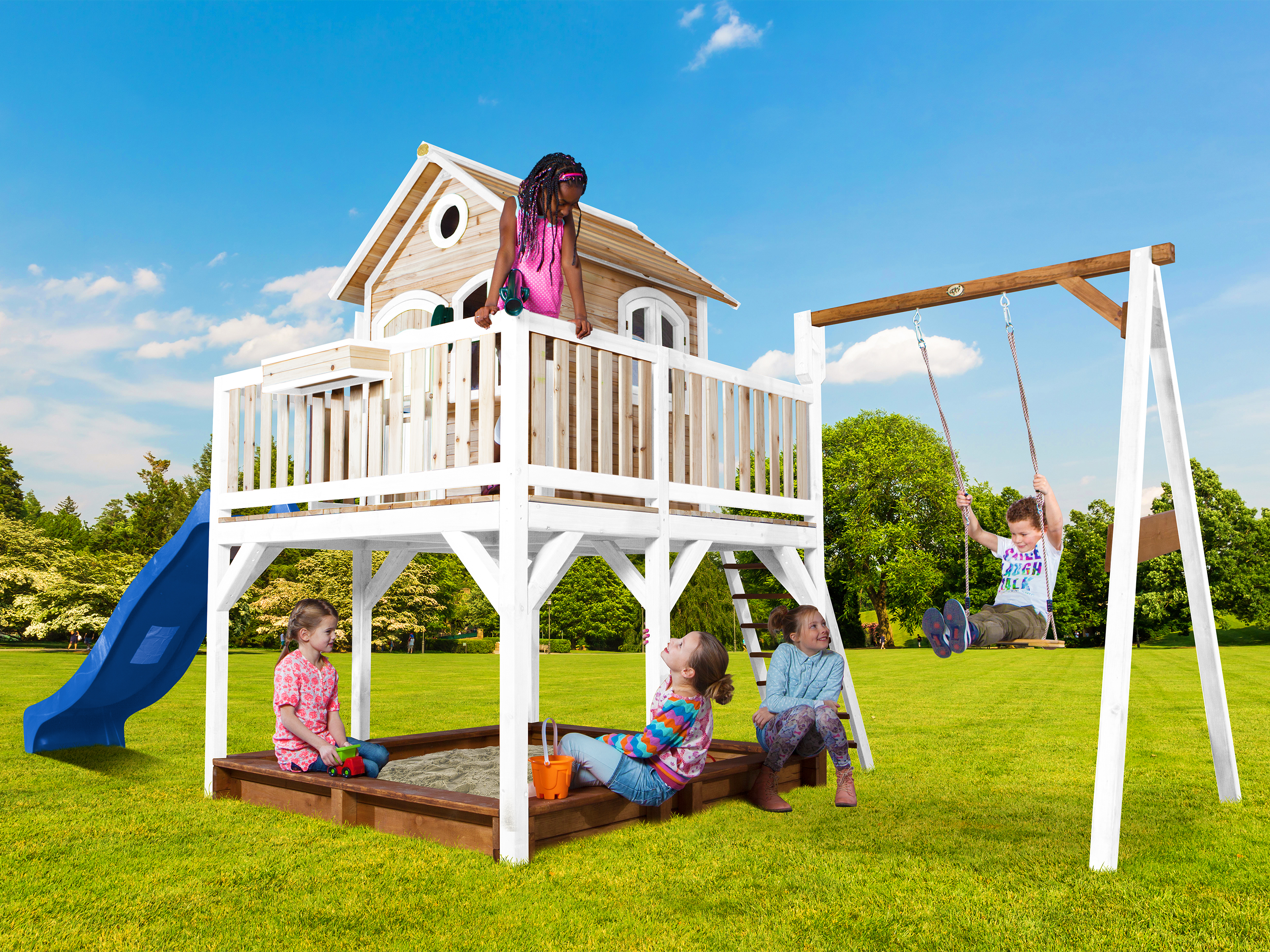 Liam Playhouse with Single Swing Brown/White - Blue Slide