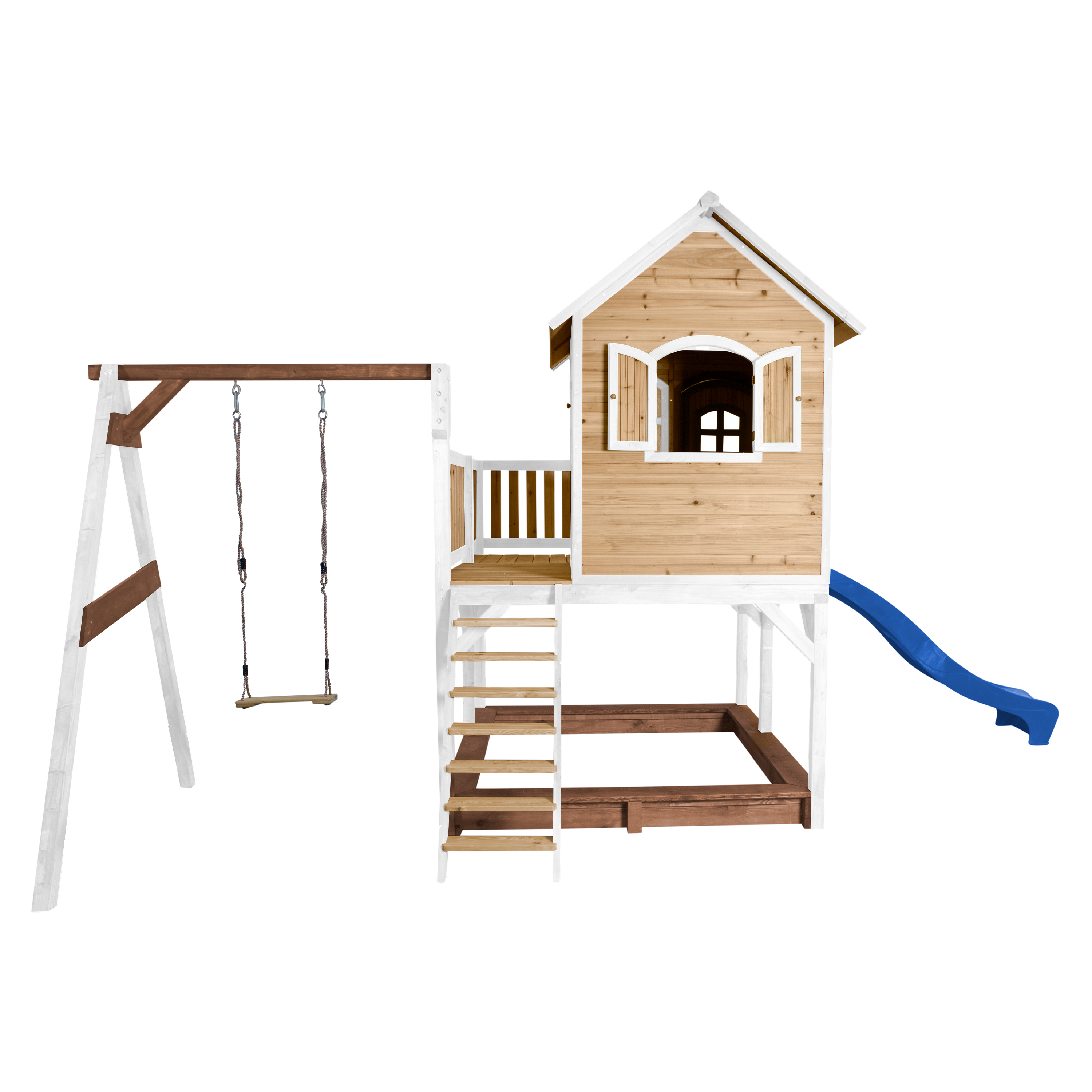 Liam Playhouse with Single Swing Brown/White - Blue Slide