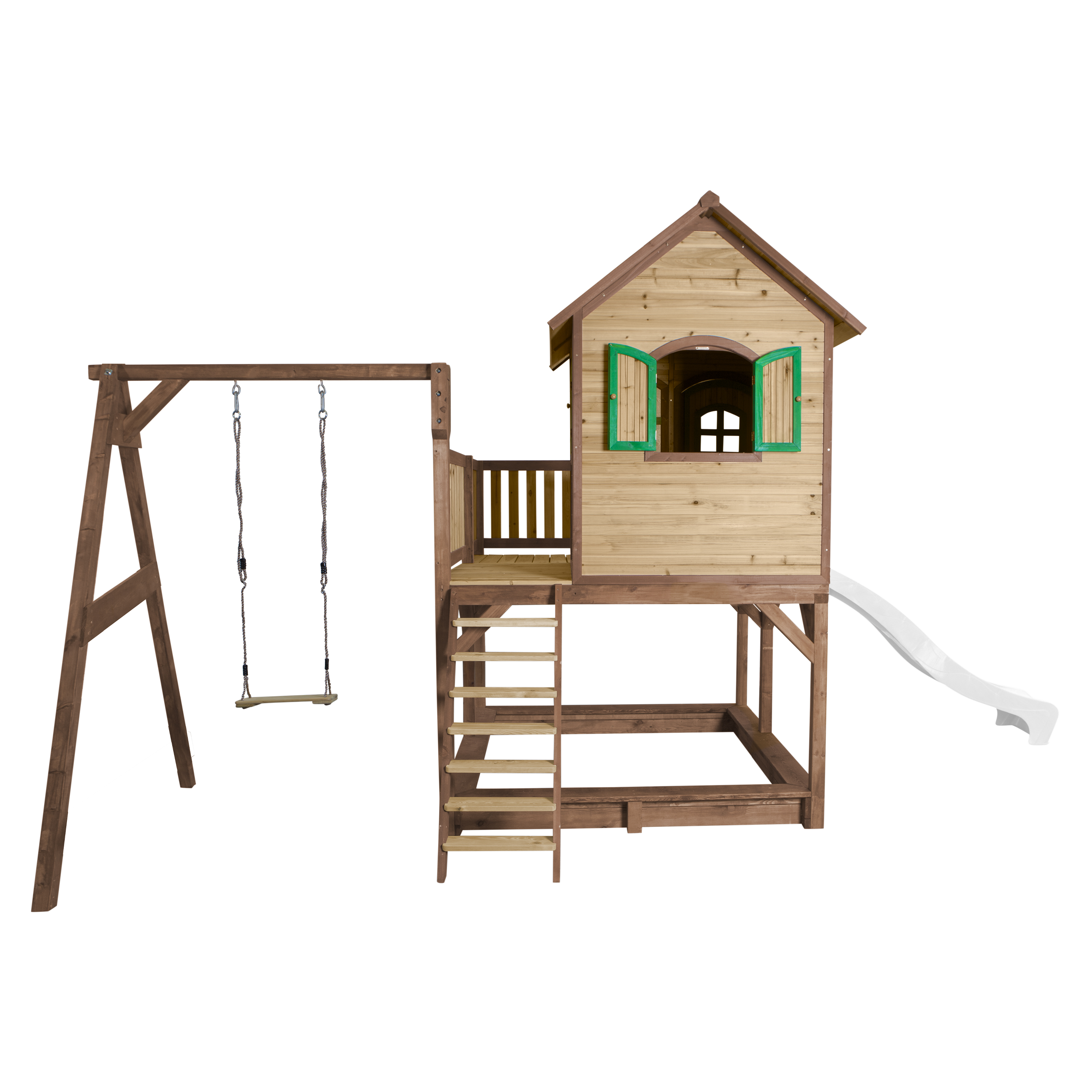 Liam Playhouse with Single Swing Brown/Green - White Slide