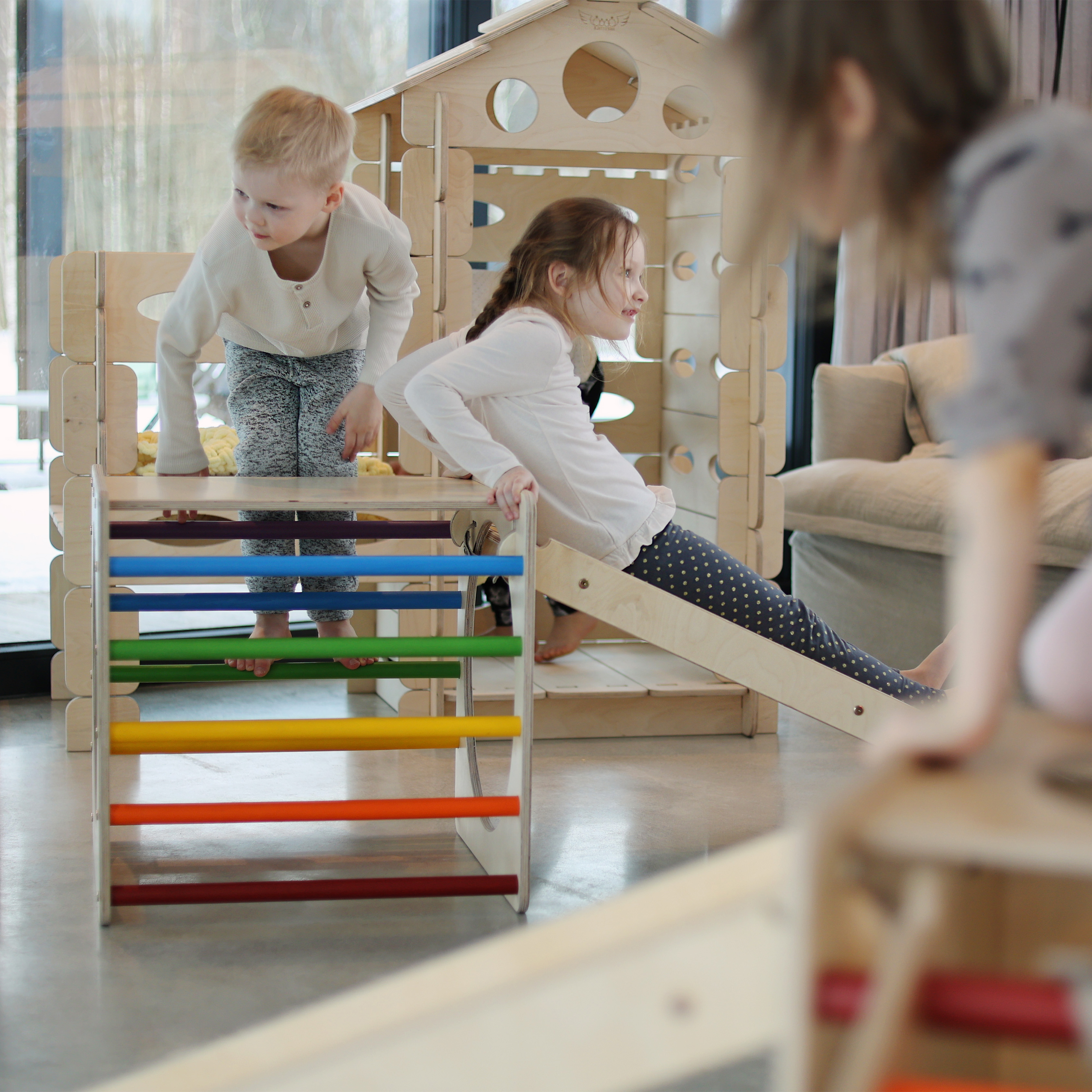 Wooden Activity Cube with Ladder and Climbing Wall Rainbow